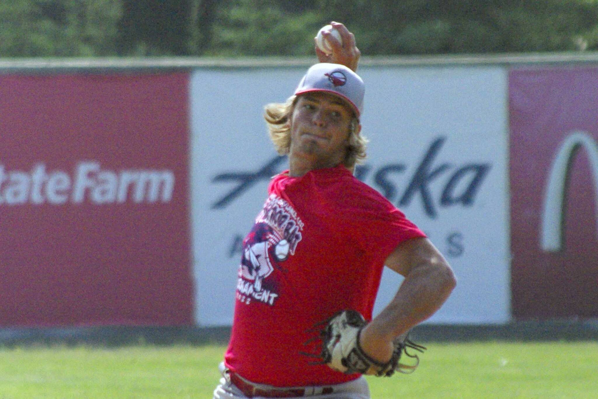 River Bandits starting pitcher Breven Deckrosh delivers to the Post 20 Twins on Wednesday, June 29, 2022, at Coral Seymour Memorial Park in Kenai, Alaska. (Photo by Jeff Helminiak/Peninsula Clarion)