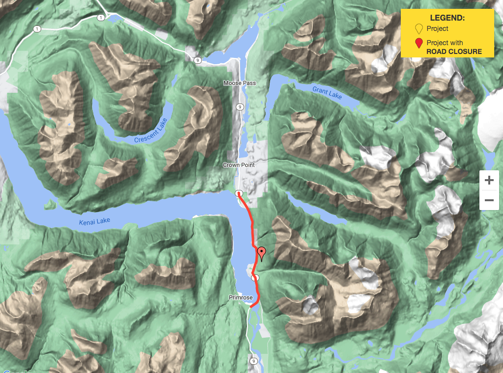 A map shows the Seward Highway MP 17-22.5 Rehabilitation Project area. The Seward Highway between Mileposts 17 and 22.5 — from about Primrose Campground to near Teddy’s Inn The Woods — will be closed from 8 p.m. and 5 a.m. on Mondays and Wednesday starting July 18, 2022. (Screenshot)