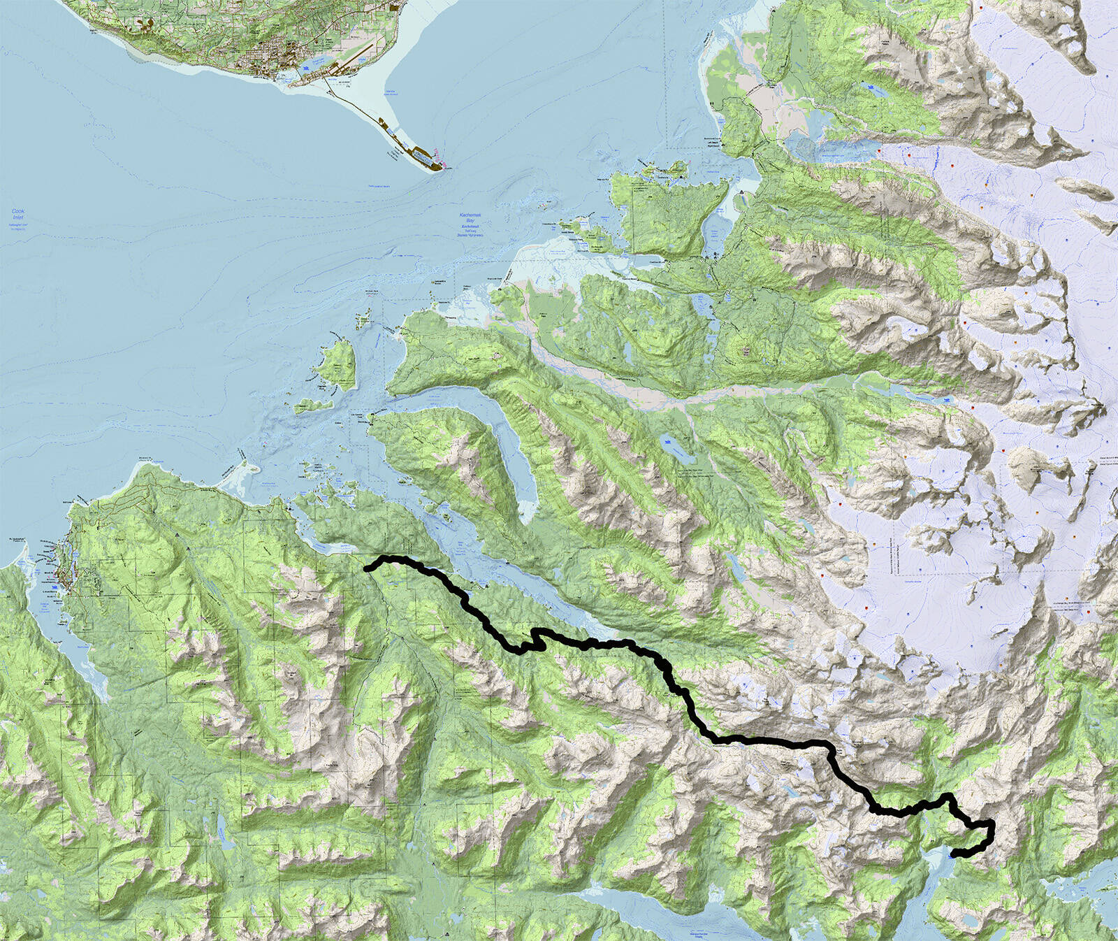 The black line shows the Tutka Backdoor trail from Tutka Bay to Taylor Bay, Alaska. (Map by Bret Higman/Ground Truth Alaska)