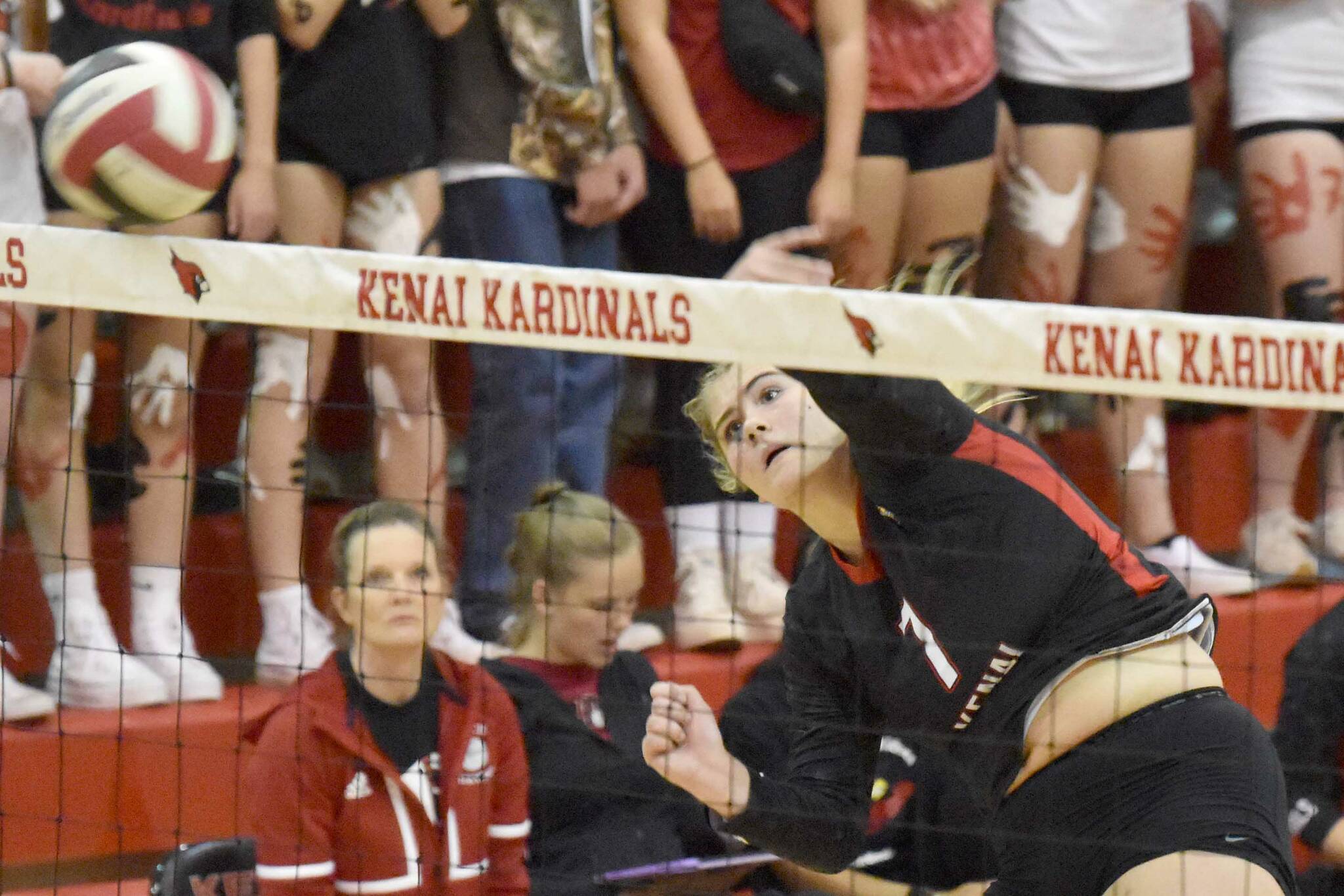 Kenai Central's Emma Beck attacks against Nome on Thursday, Sept. 1, 2022, at Kenai Central High School in Kenai, Alaska. (Photo by Jeff Helminiak/Peninsula Clarion)