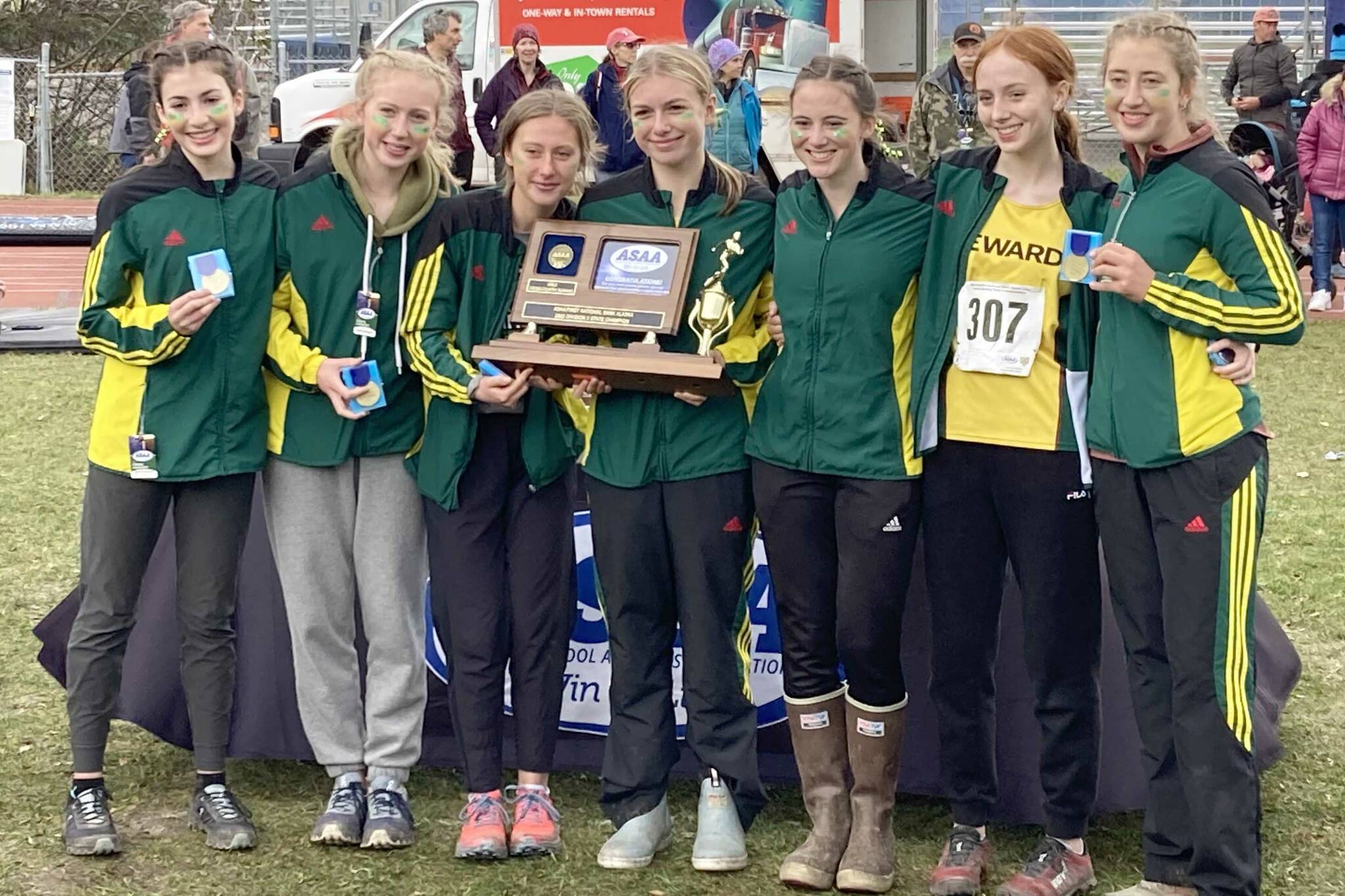 The Seward girls won the Division II team title at the state cross-country meet Saturday, Oct. 8, 2022, at Bartlett High School in Anchorage, Alaska. (Photo by Jeff Helminiak/Peninsula Clarion)