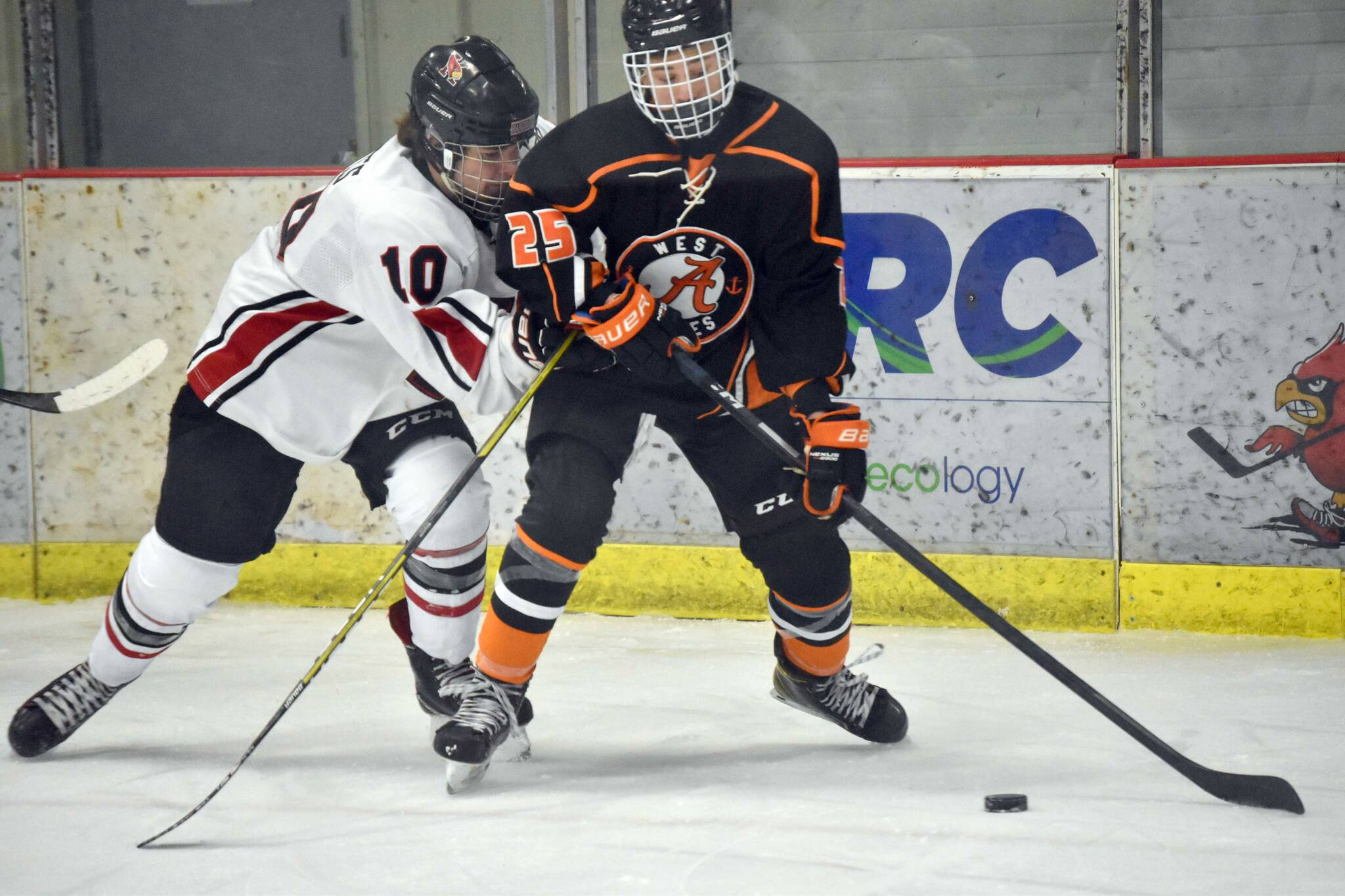 Kenai Central's Reagan Graves battles for the puck with West's Henry Sholton on Friday, Jan. 13, 2023, at the Kenai Multi-Purpose Facility in Kenai, Alaska. (Photo by Jeff Helminiak/Peninsula Clarion)