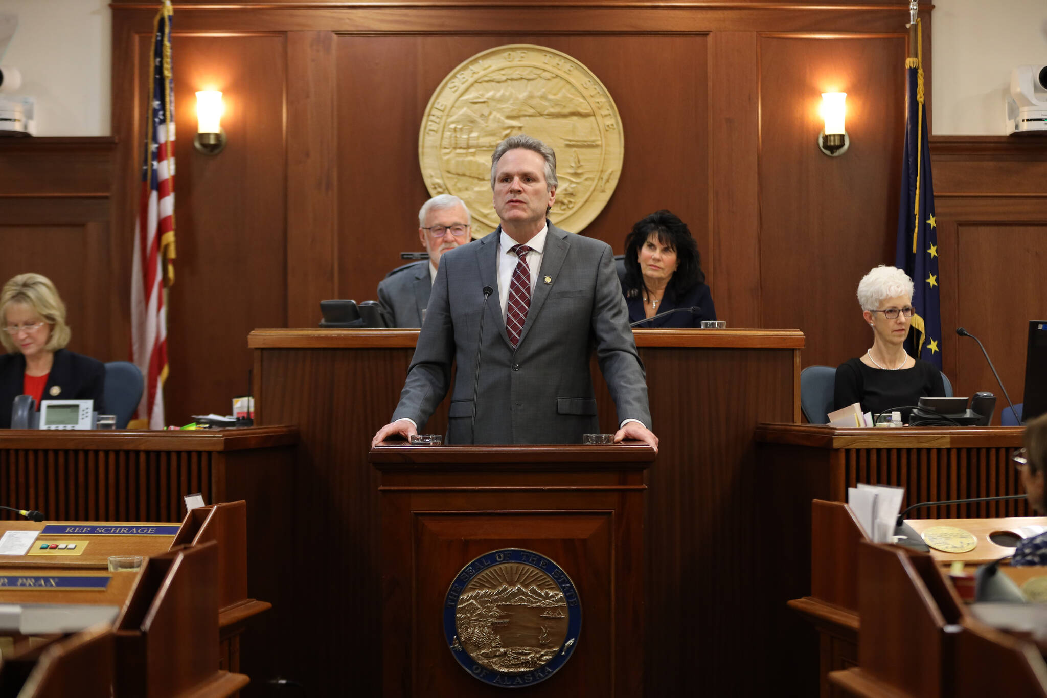 Gov. Mike Dunleavy gives his State of the State address at the Alaska State Capitol on Monday, Jan. 23, 2023, in Junuea, Alaska. (Clarise Larson/Juneau Empire)