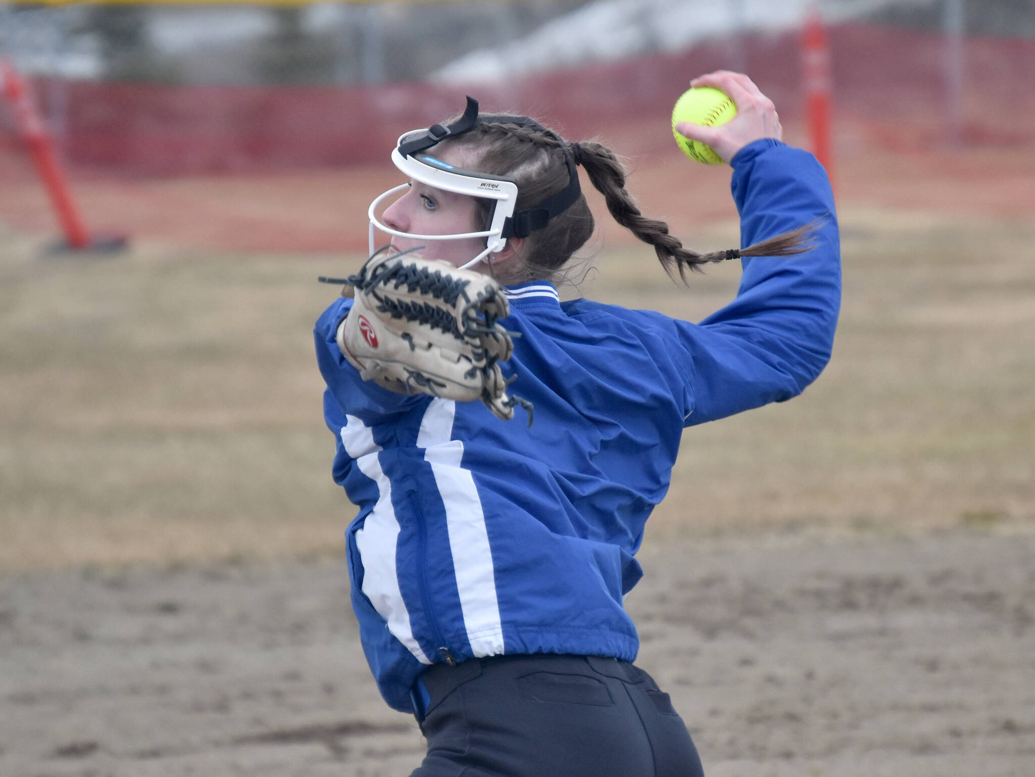 Palmer pitcher Camryn Frank delivers to Kenai on Thursday, May 4, 2023, at Steve Shearer Memorial Ball Park in Kenai, Alaska. (Photo by Jeff Helminiak/Peninsula Clarion)