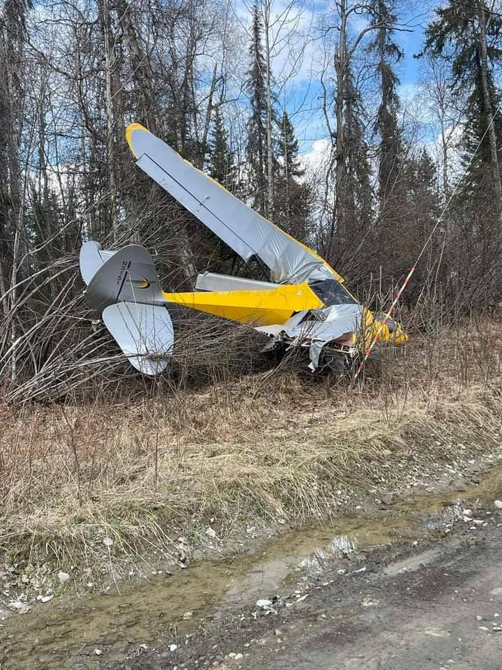 A plane sits in brush on Fontaine Ave. at around 5:45 p.m. after a crash on Thursday, May 11, 2023 near Sterling, Alaska. Photo courtesy Alisha Joe.