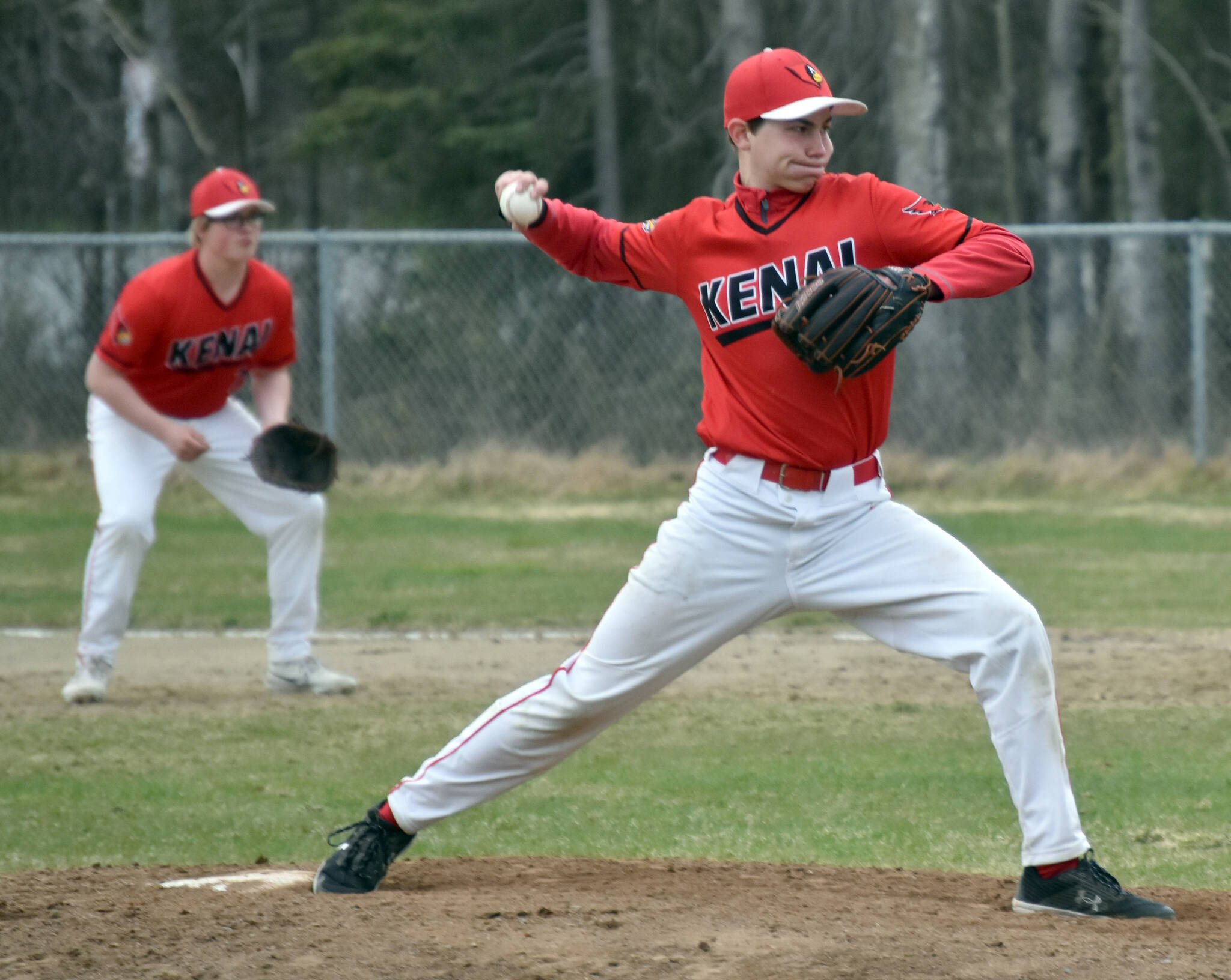 Kenai Central pitcher Jackson Marion delivers to Soldotna on Tuesday, May 16, 2023, at the Soldotna Little League fields in Soldotna, Alaska. (Photo by Jeff Helminiak/Peninsula Clarion)