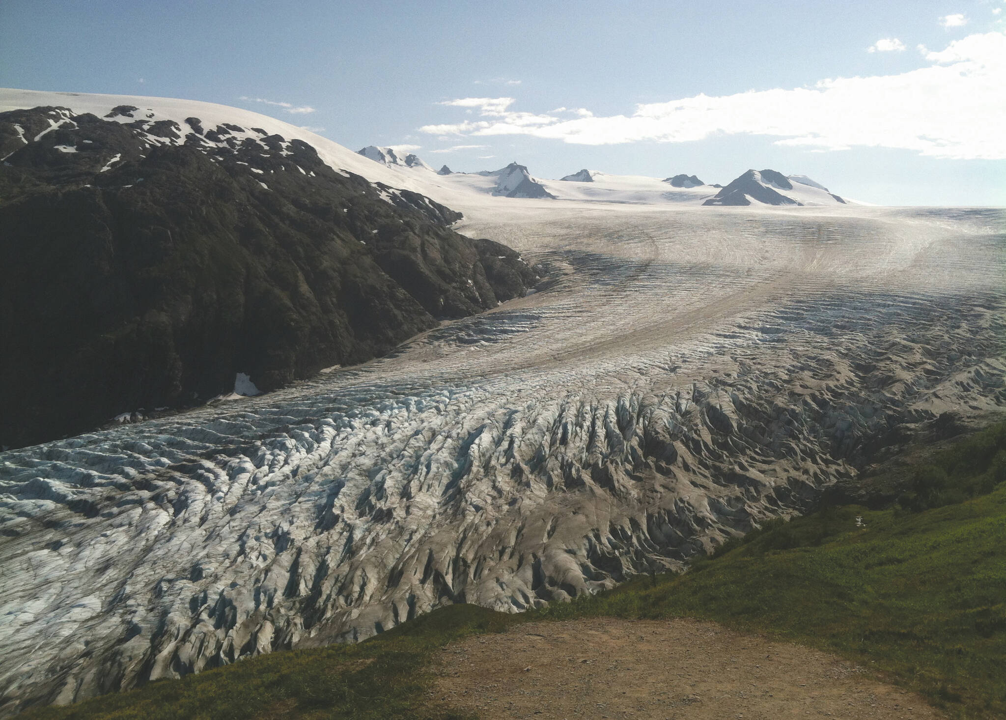 Exit Glacier, as seen in August 2015 from the Harding Icefield Trail in Kenai Fjords National Park just outside of Seward, Alaska. (Photo by Jeff Helminiak/Peninsula Clarion)