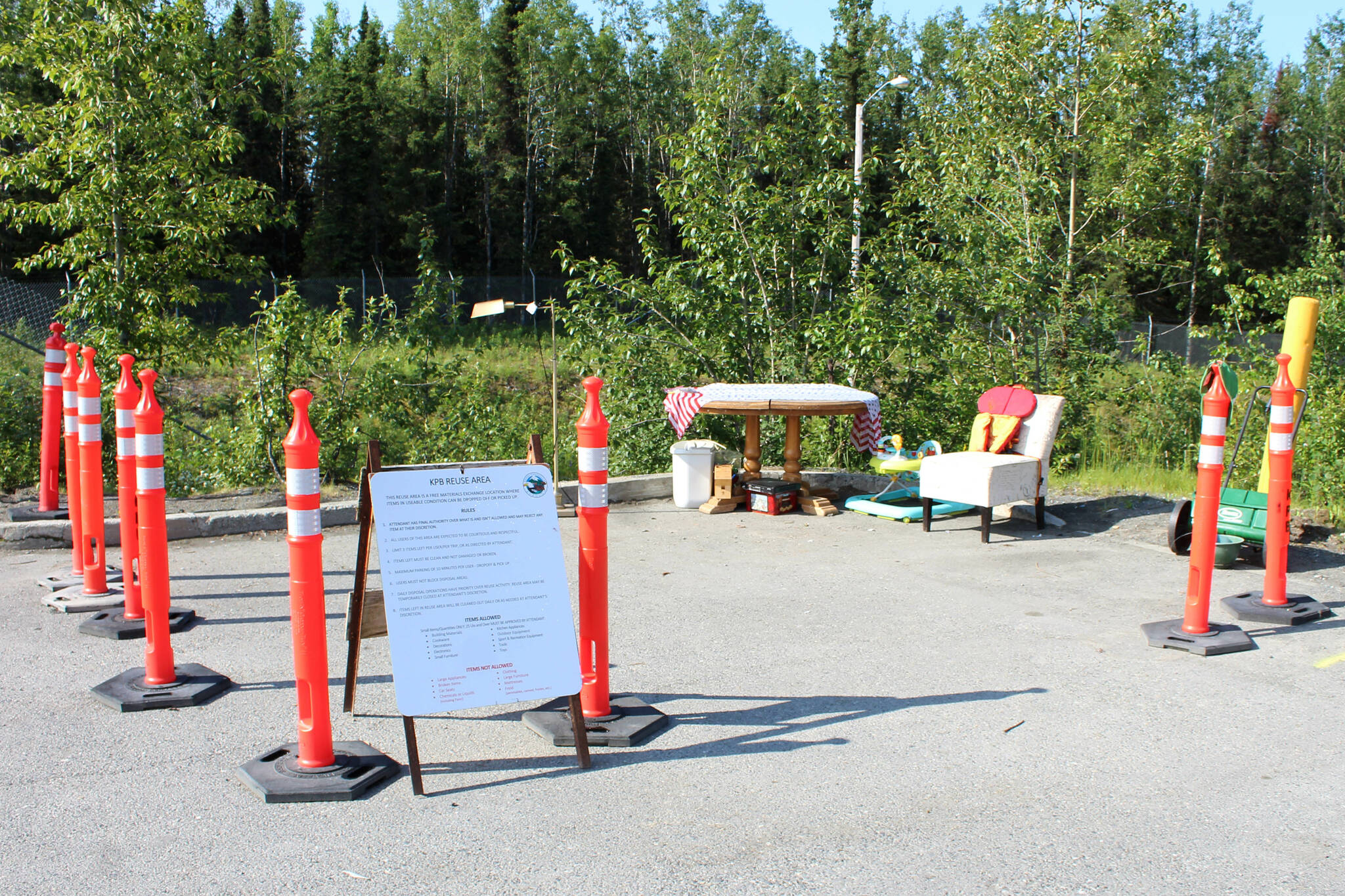 Cones demarcate the “Sterling Mall,” located inside the Sterling Transfer Facility on Tuesday, July 18, 2023, in Sterling, Alaska. (Ashlyn O’Hara/Peninsula Clarion)