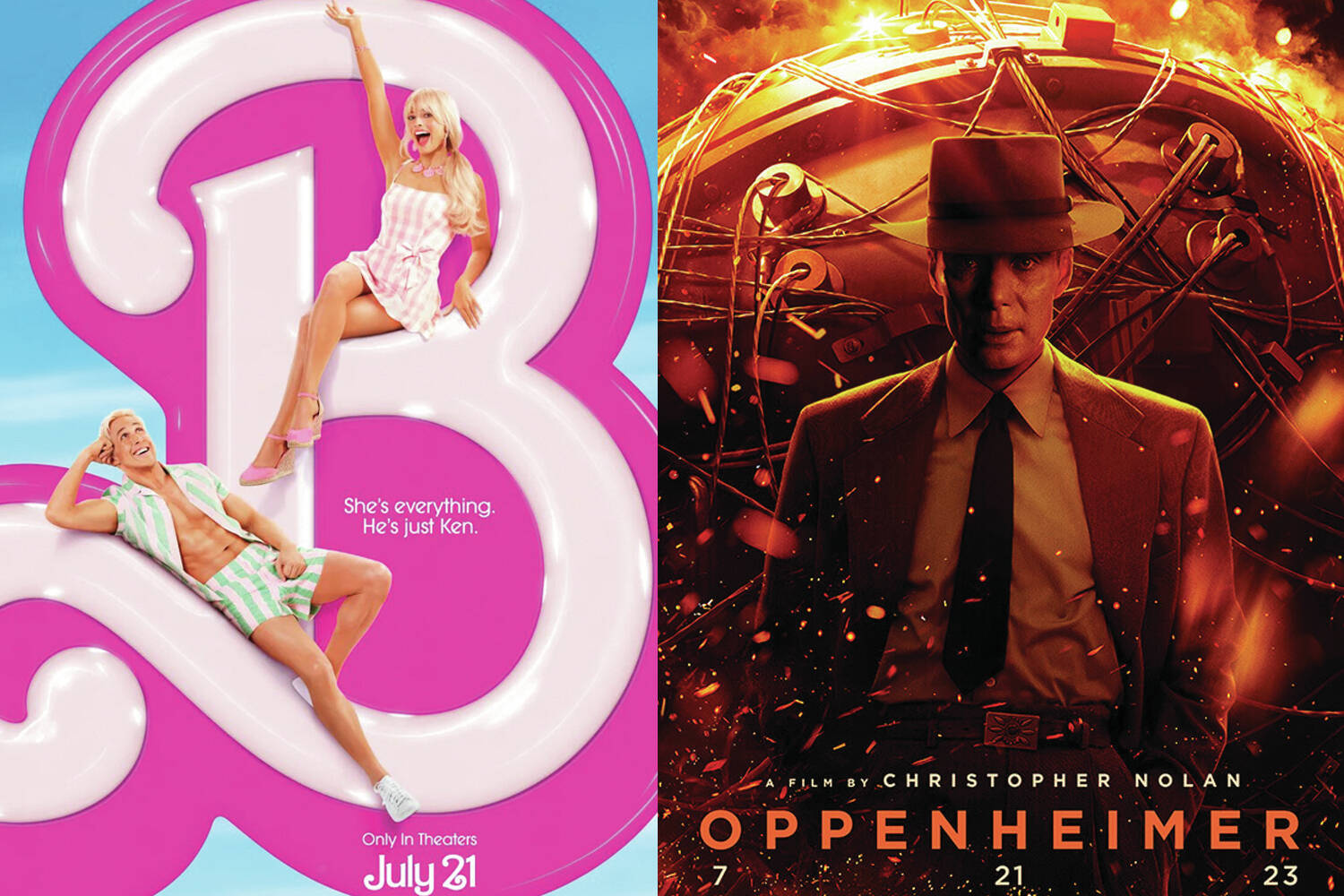 Promotional material for both “Barbie” and “Oppenheimer.” (Photos courtesy WarnerMedia and Universal Pictures)