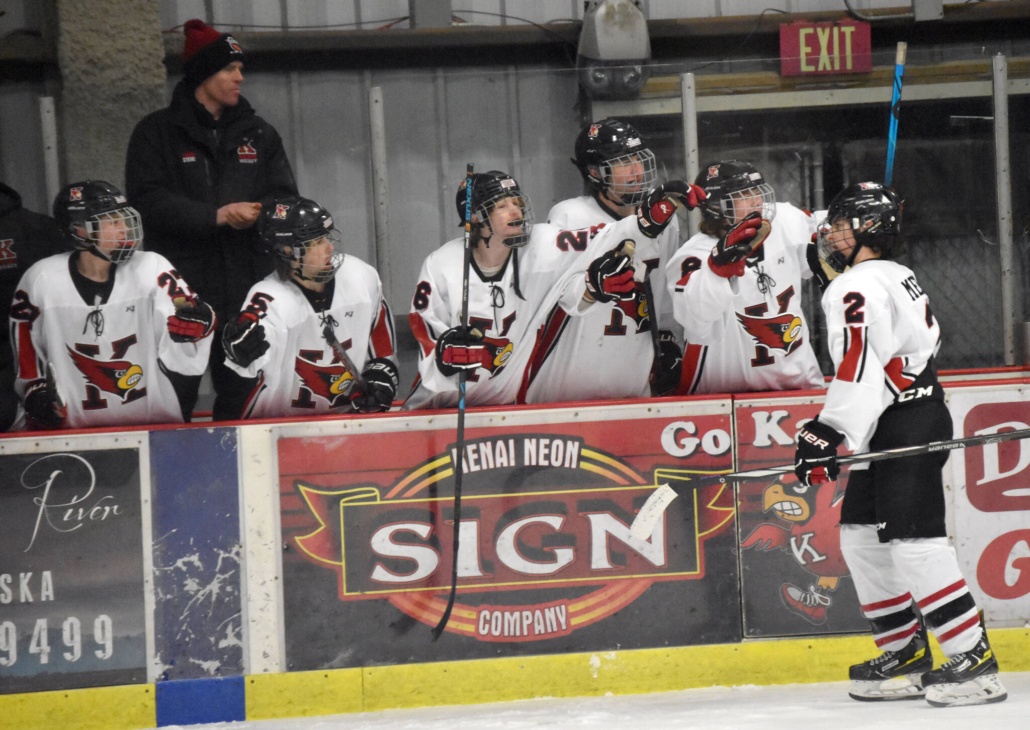 Kenai Central’s Logan Mese celebrates after clinching the game with an empty-net goal Friday, Jan. 26, 2024, at the Kenai Multi-Purpose Facility in Kenai, Alaska. (Photo by Jeff Helminiak/Peninsula Clarion)