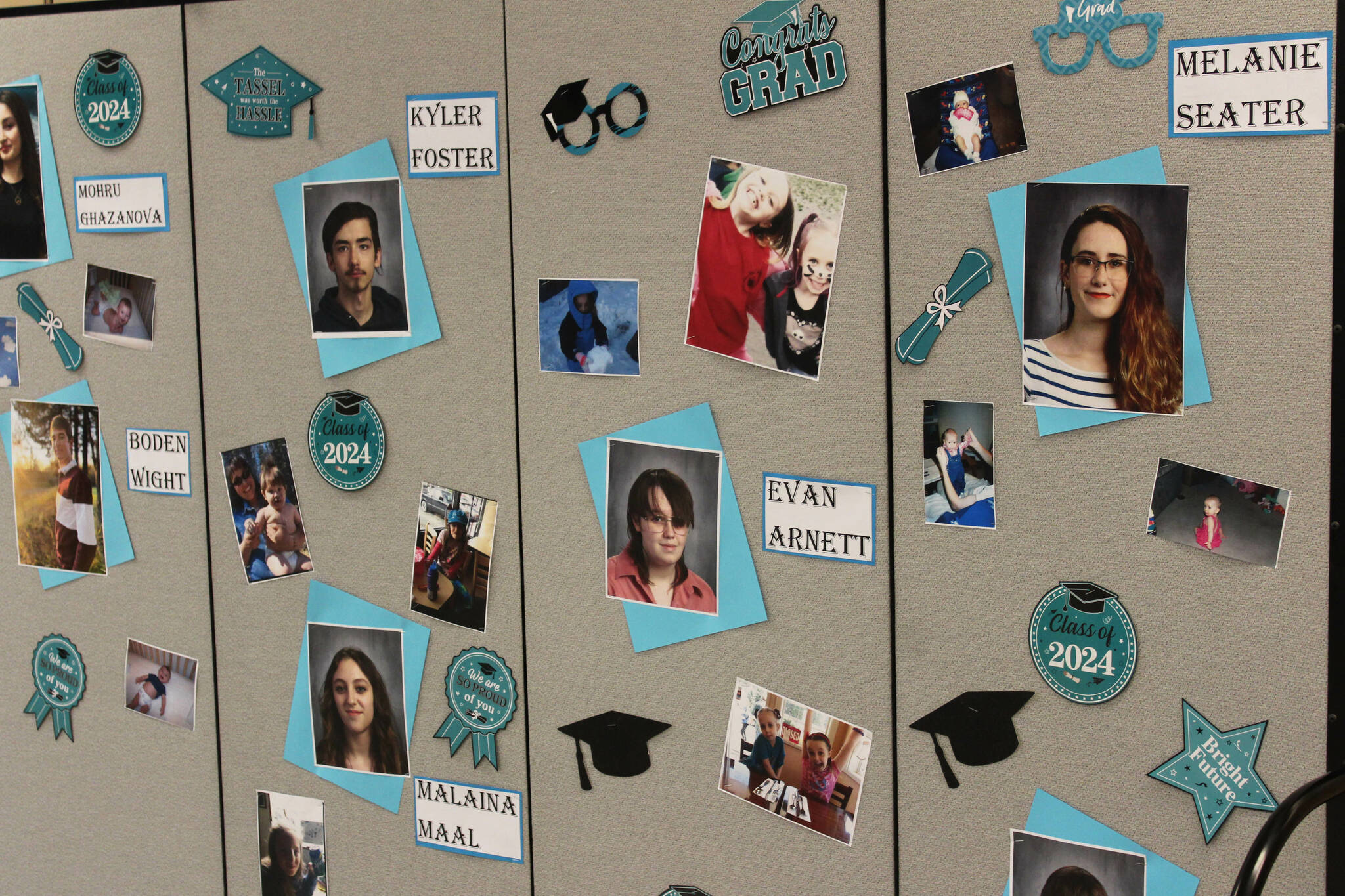 A board celebrates the 2024 graduates of River City Academy on Monday, May 13, 2024 near Soldotna, Alaska. (Ashlyn O’Hara/Peninsula Clarion)