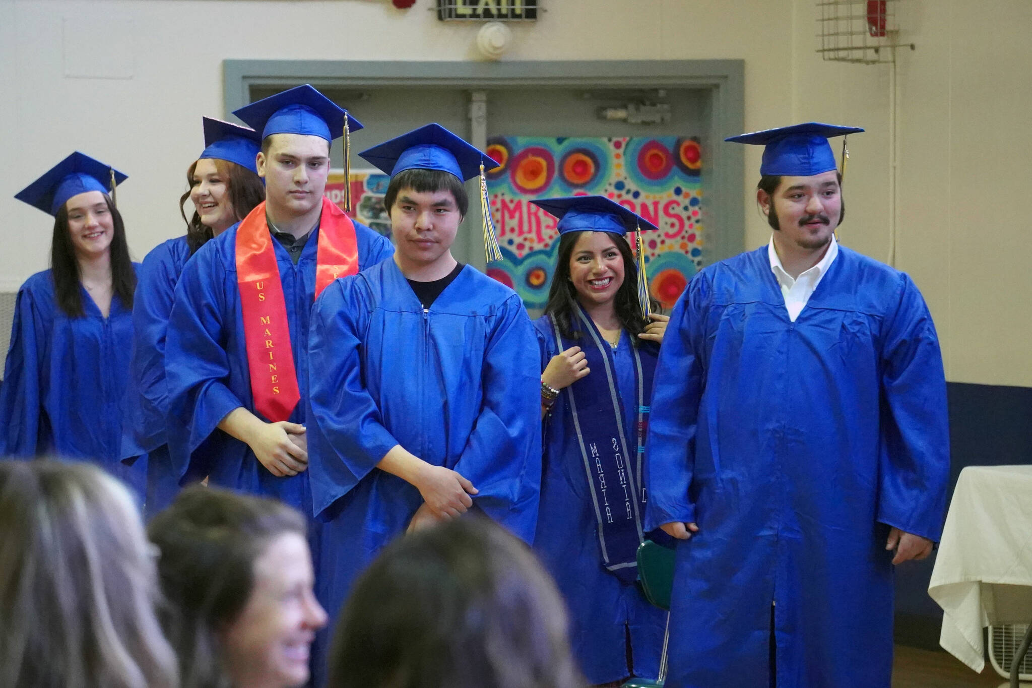 Students of Kenai Alternative High School celebrate graduation in their school’s gym in Kenai, Alaska, on Tuesday, May 14, 2024. (Jake Dye/Peninsula Clarion)