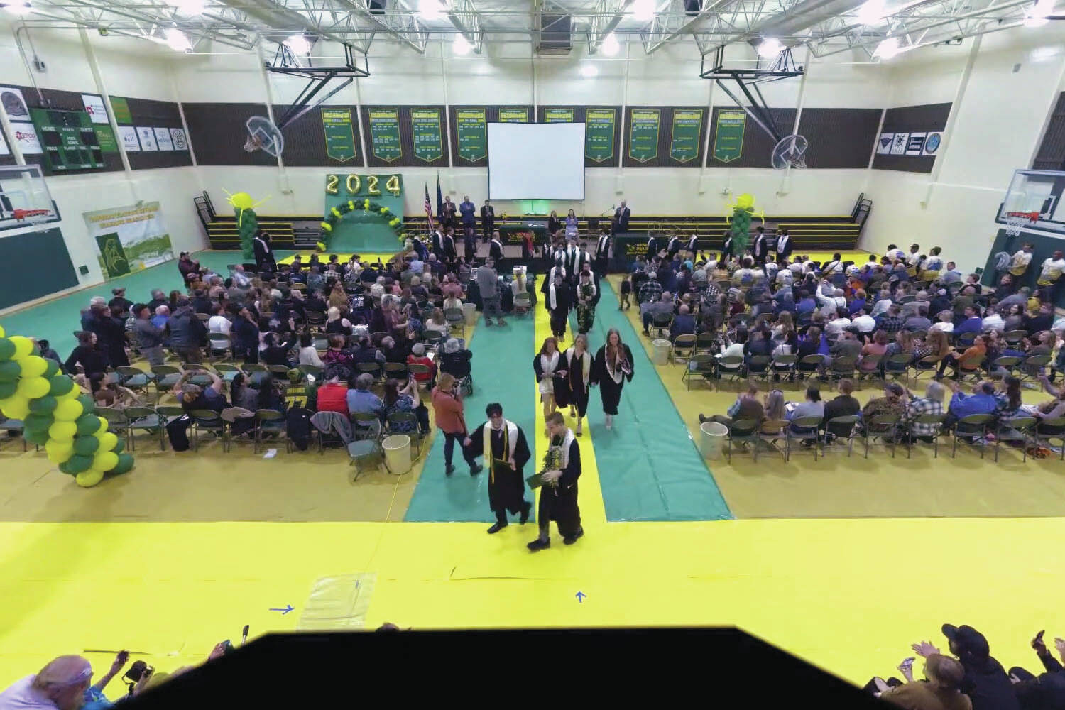 Graduates of Seward High School leave the gym at the end of their graduation ceremony in Seward, Alaska, on Wednesday, May 15, 2024. (Screenshot)