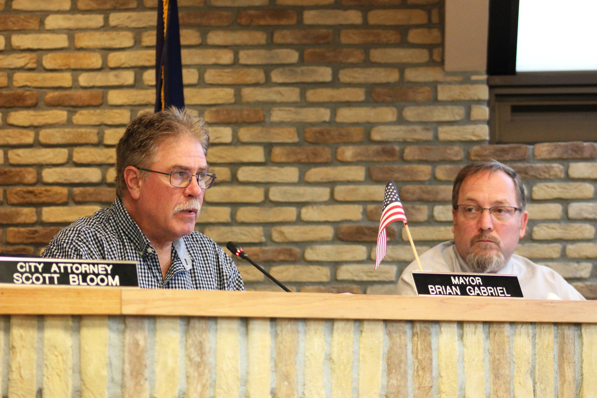 Kenai Mayor Brian Gabriel (left) presides over a meeting of the Kenai City Council on Wednesday, May 15, 2024, in Kenai, Alaska. (Ashlyn O’Hara/Peninsula Clarion)