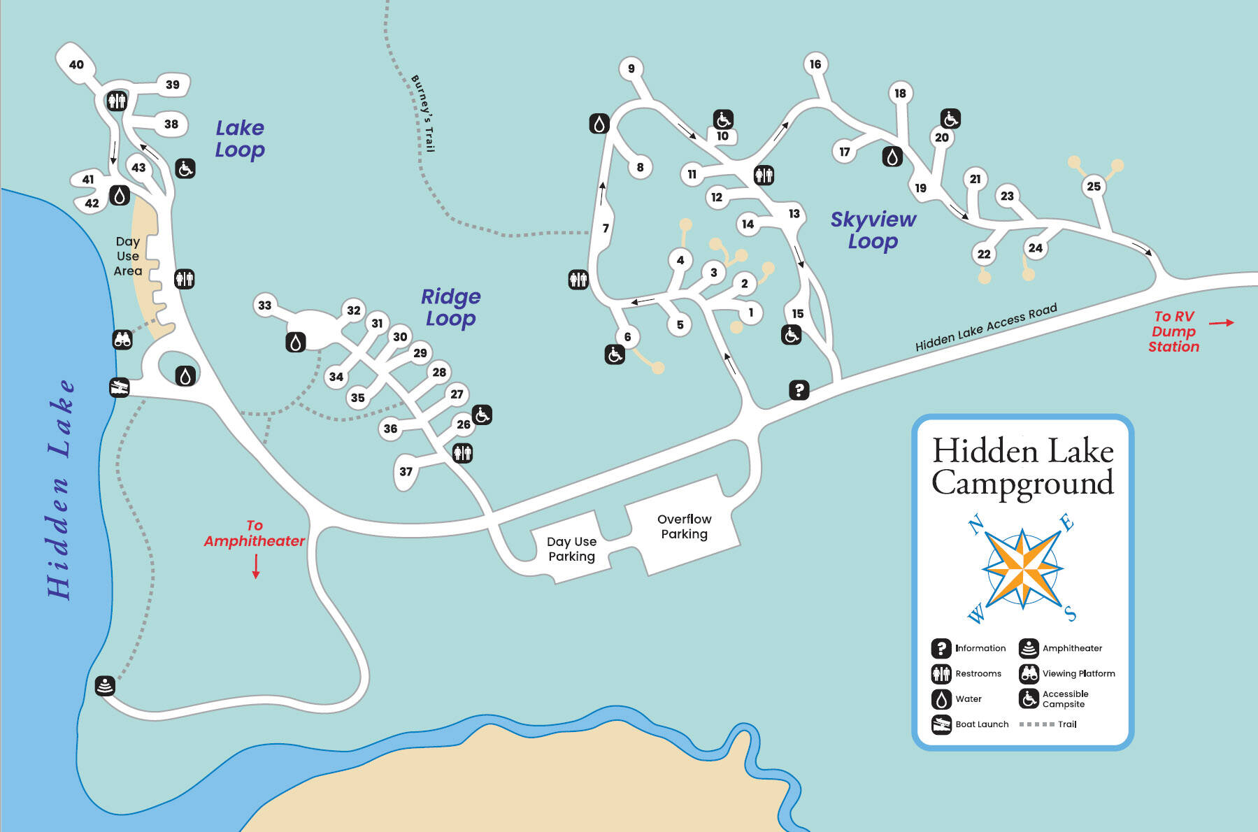 A campground map, like this one of Hidden Lake Campground, can help preplan a camping trip booked on recreation.gov. Lake and Ridge Loops are first come, first served, while sites 1-25 in Skyview Loop are available now for advanced reservations. (Photo provided)