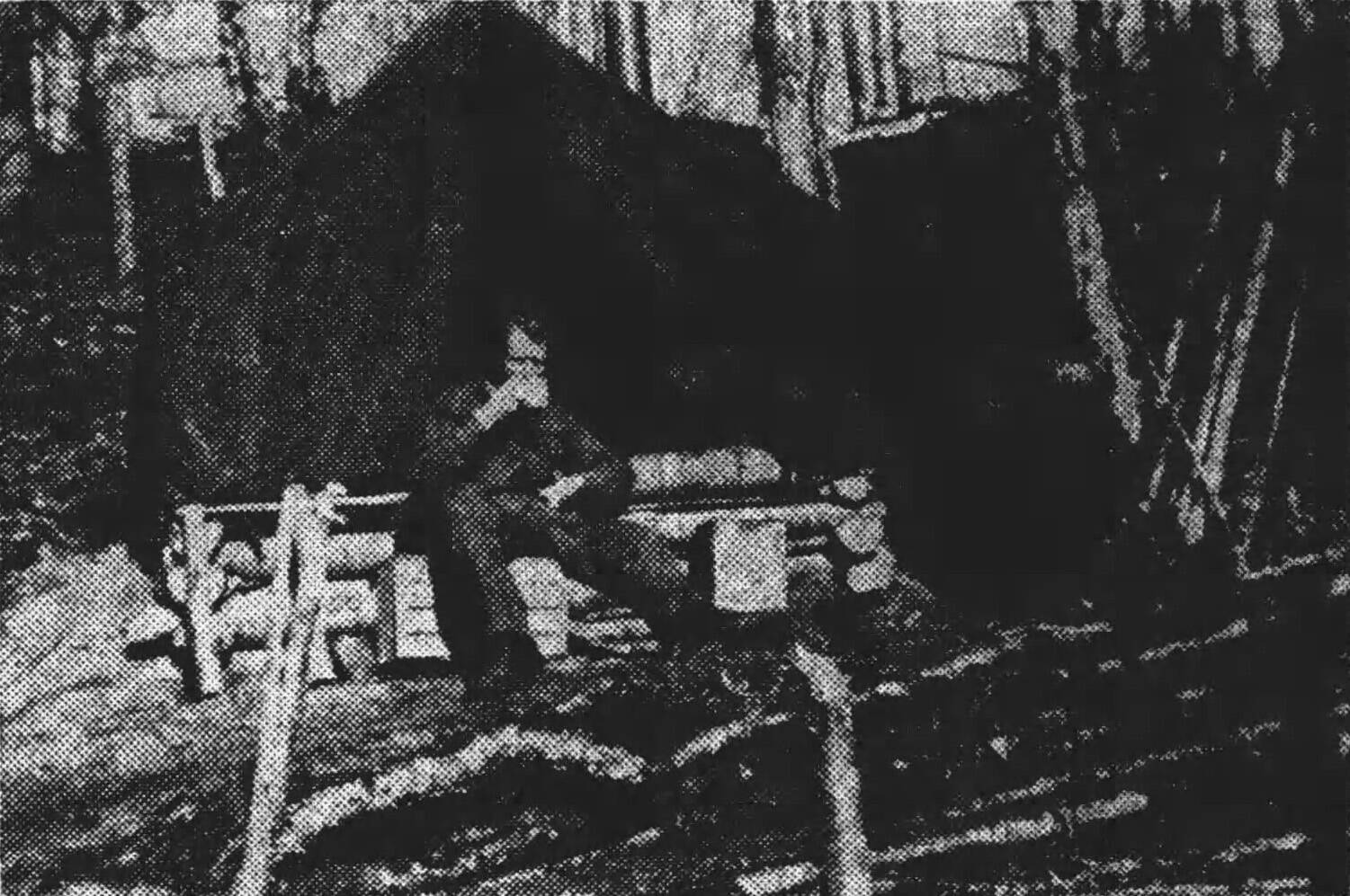 Image from the Wayne Herald, of Nebraska, on March 10, 1949
While sitting in front of the wall-tent home he shared from several months with Ira Little, Soldotna homesteader enjoys a cup of coffee and a brief respite from cabin building.