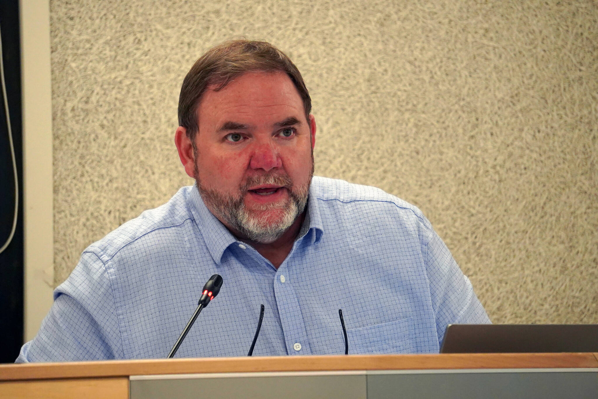 Clayton Holland, superintendent of the Kenai Peninsula Borough School District, speaks during a meeting of the Board of Education in Soldotna, Alaska, on Monday, June 3, 2024. (Jake Dye/Peninsula Clarion)