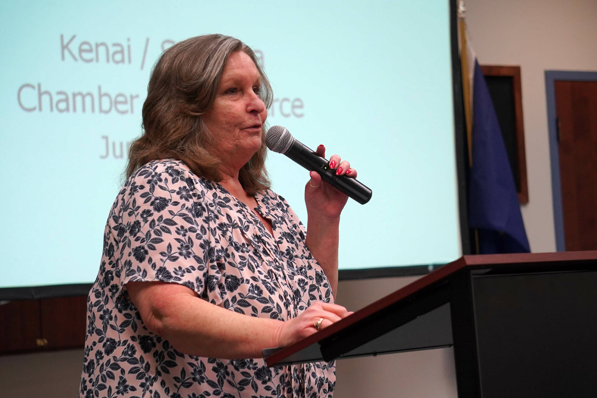 Cheri Smith, executive director of The LeeShore Center, speaks about the center’s work and services at the Kenai Chamber of Commerce and Visitor Center in Kenai, Alaska, on Wednesday, June 5, 2024. (Jake Dye/Peninsula Clarion)