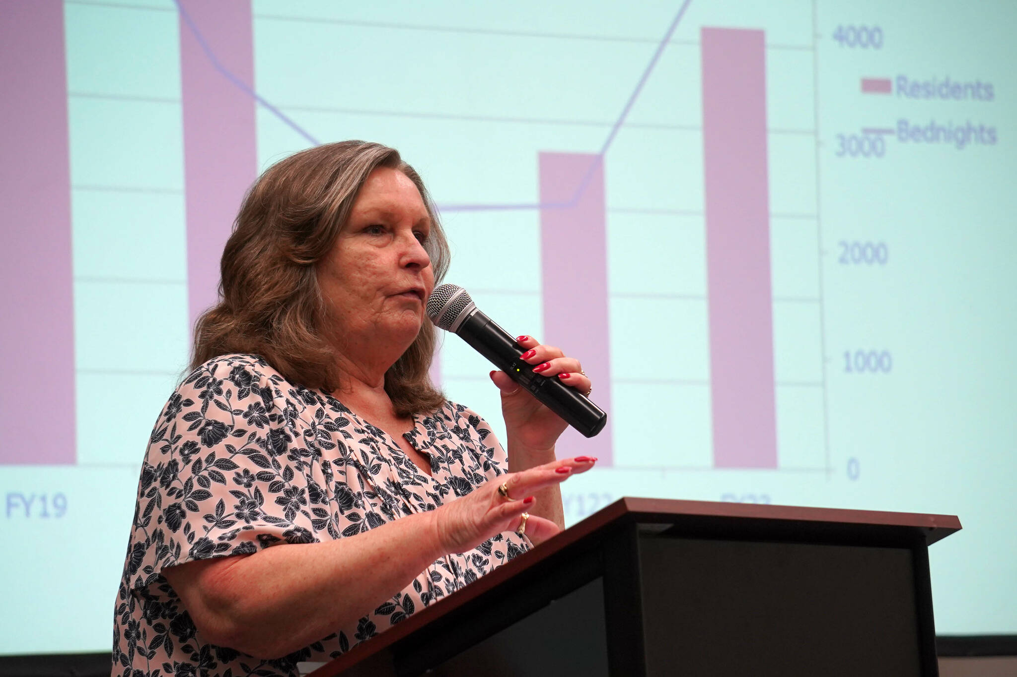 Cheri Smith, executive director of The LeeShore Center, speaks about the center’s work and services at the Kenai Chamber of Commerce and Visitor Center in Kenai, Alaska, on Wednesday, June 5, 2024. (Jake Dye/Peninsula Clarion)