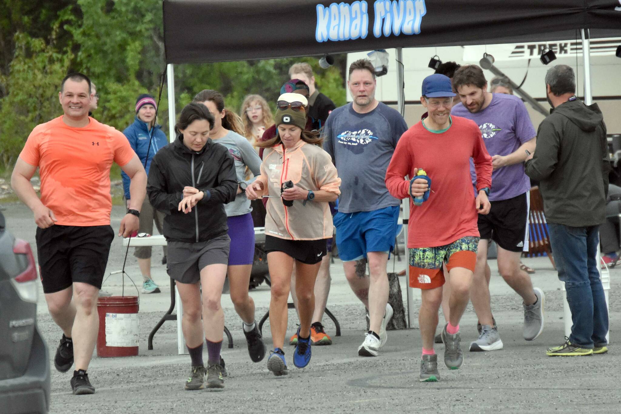 Runners start the fifth lap at the Tsalteshi Backyard Ultra at the Soldotna Regional Sports Complex on Friday, June 8, 2024, in Soldotna, Alaska. (Photo by Jeff Helminiak/Peninsula Clarion)