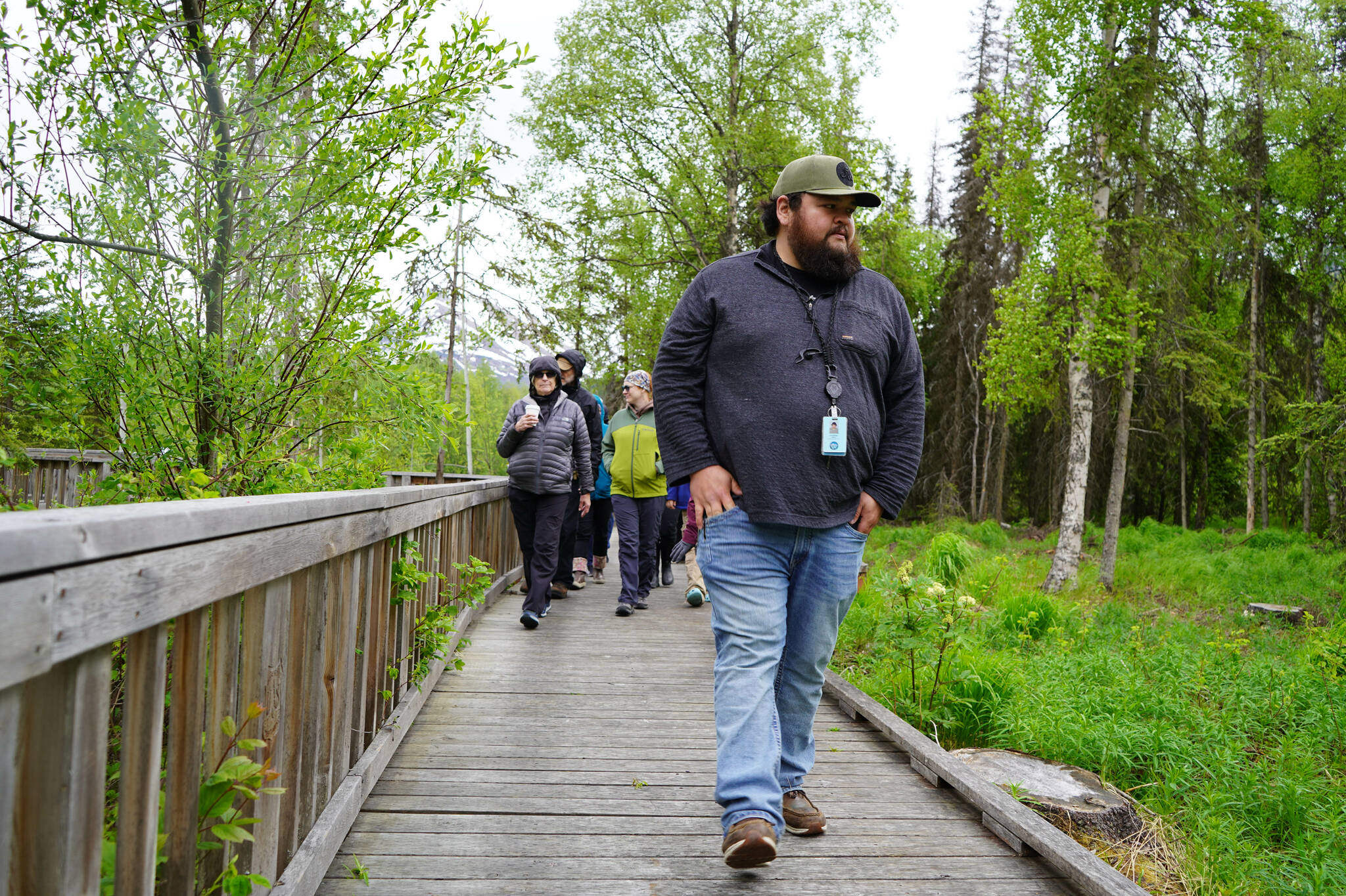 Jonathan Wilson leads a tour at the K’beq’ Cultural Heritage Interpretive Site near Cooper Landing, Alaska, on Friday, June 7, 2024. (Jake Dye/Peninsula Clarion)