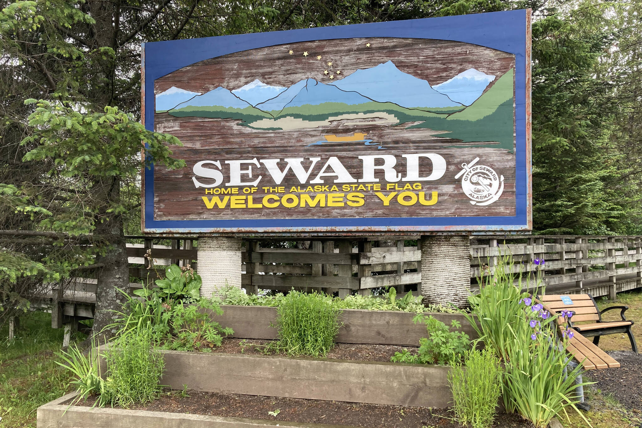 A sign welcomes visitors on July 7, 2021, in Seward, Alaska. (Photo by Jeff Helminiak/Peninsula Clarion)