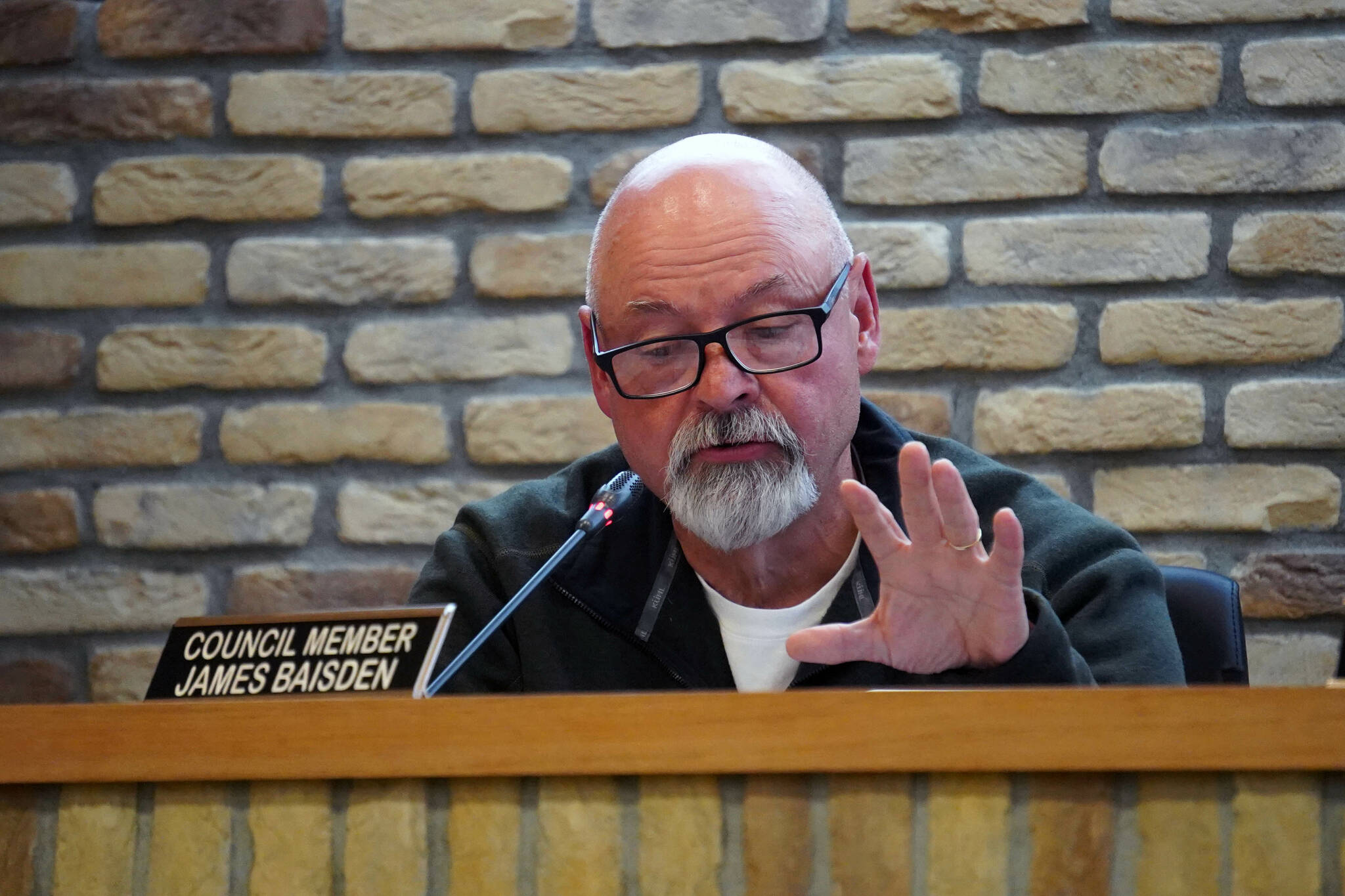 Council member James Baisden speaks in favor of an amendment to the City of Kenai’s budget that would add funds for construction of a veteran’s memorial column in the Kenai Cemetery during a meeting of the Kenai City Council in Kenai, Alaska, on Wednesday, June 5, 2024. (Jake Dye/Peninsula Clarion)