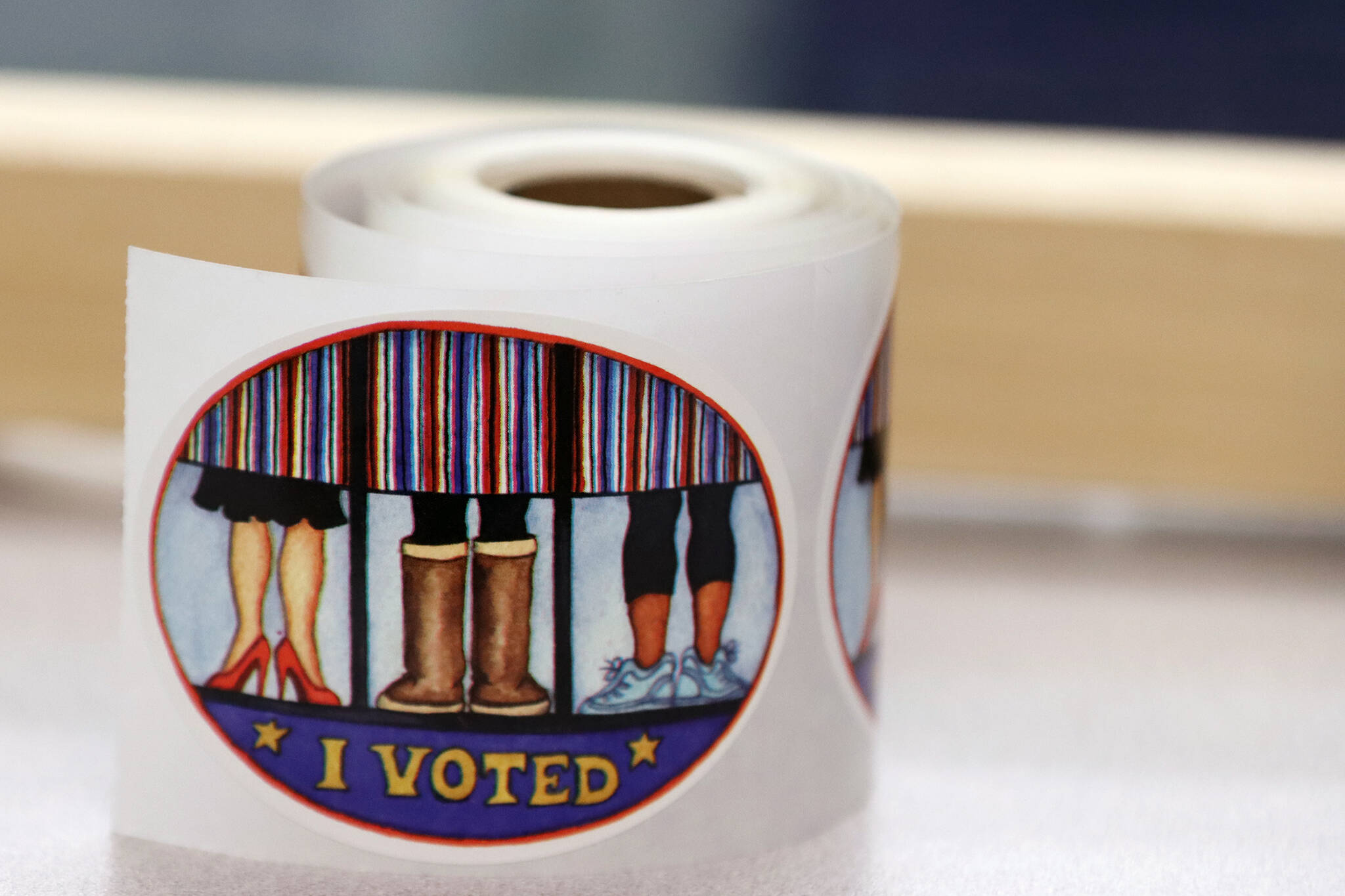 A roll of “I voted” stickers sit at the Alaska Division of Elections office in Juneau in 2022. (Ben Hohenstatt / Juneau Empire File)