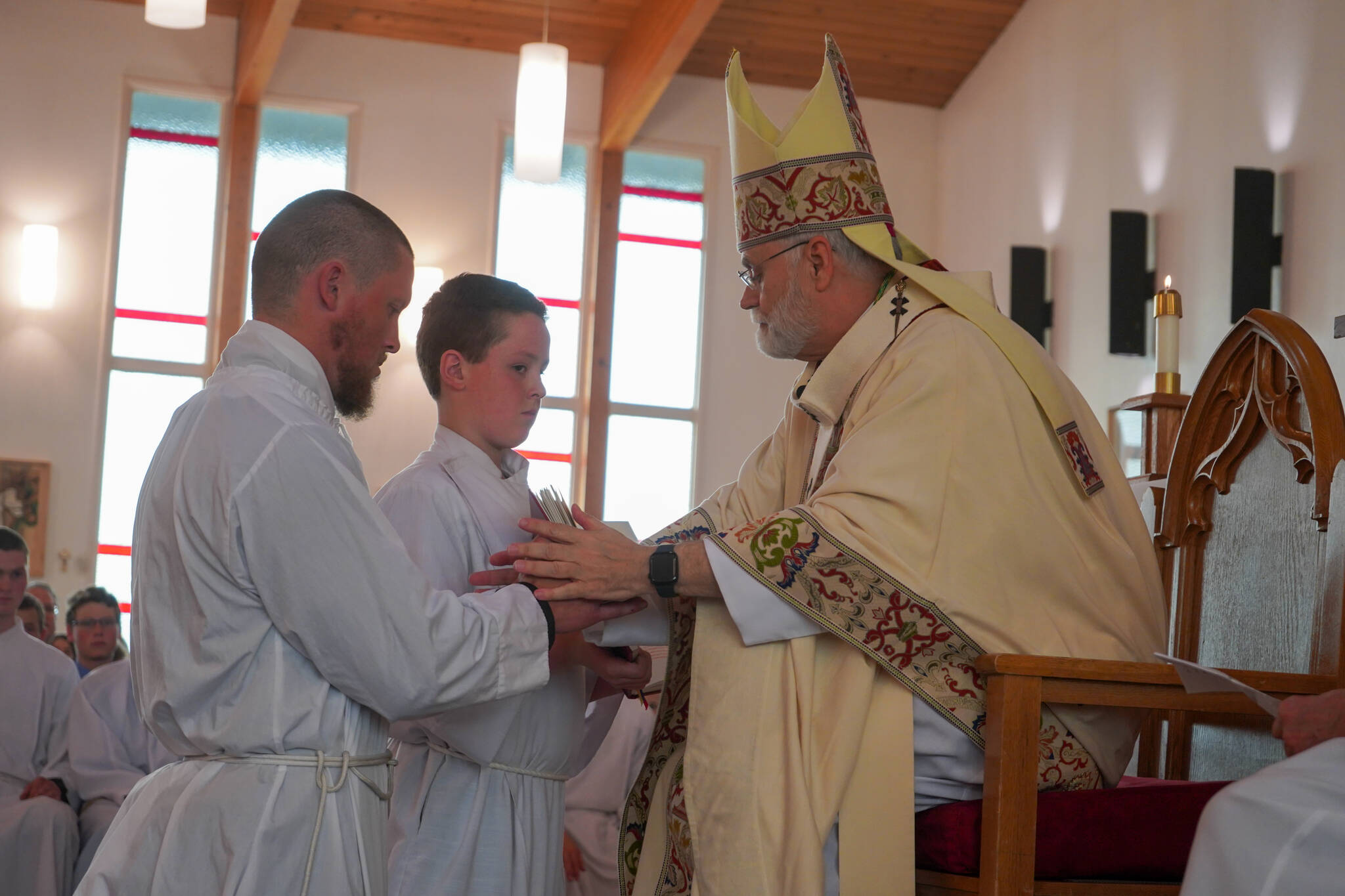 Photo provided by Our Lady of the Angels Catholic Church
Edward Burke is ordained a transitional deacon by Archbishop Andrew E. Bellisario at Our Lady of the Angels Catholic Church in Kenai on Saturday, June 8.