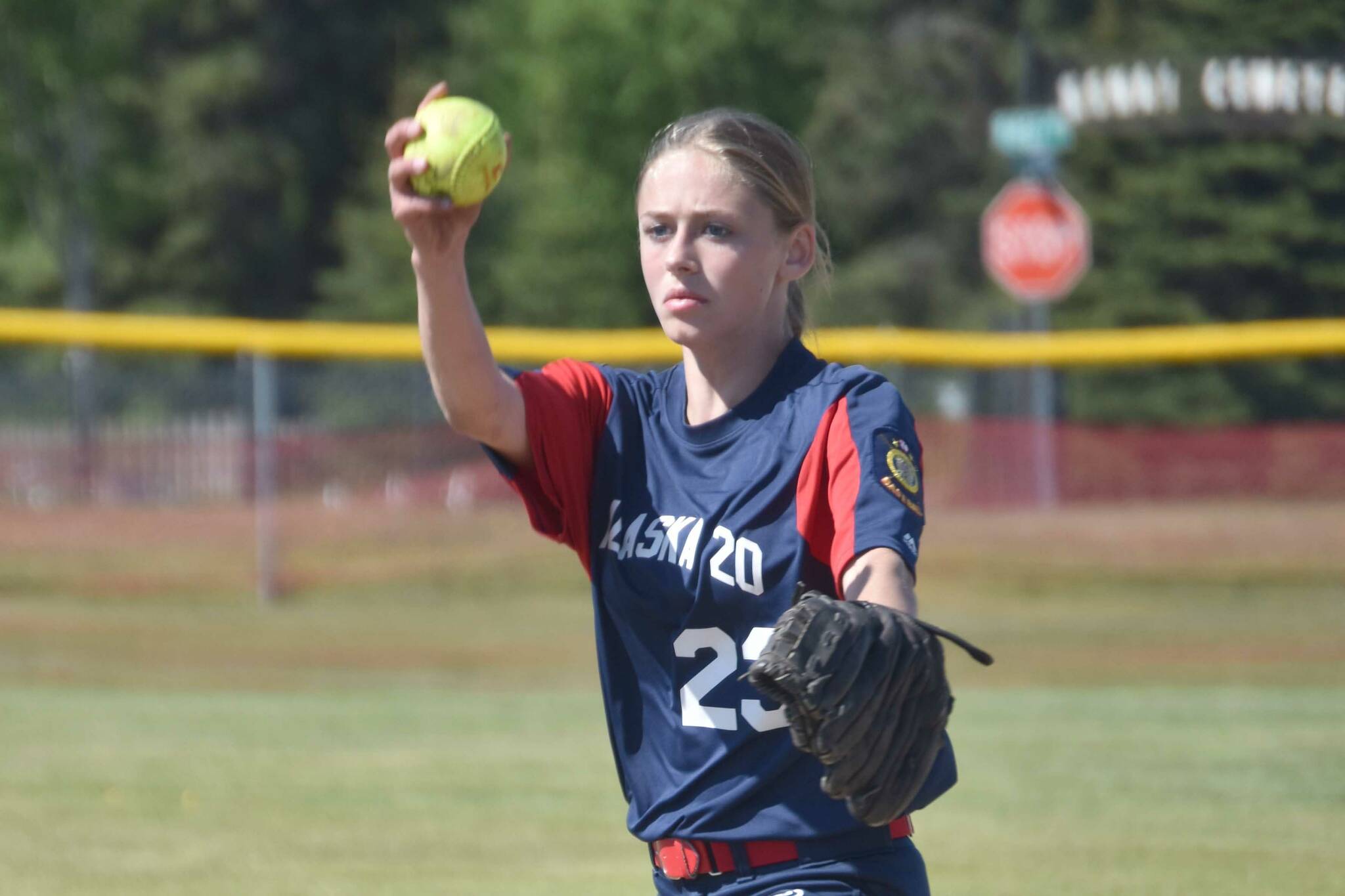 Blakeley Jorgensen of AK Riptide (U14) pitches against AK Krush (14) at the USA/Junior Olympic softball tournament at Steve Shearer Memorial Ball Park on Saturday, June 15, 2024, in Kenai, Alaska. (Photo by Jeff Helminiak/Peninsula Clarion)