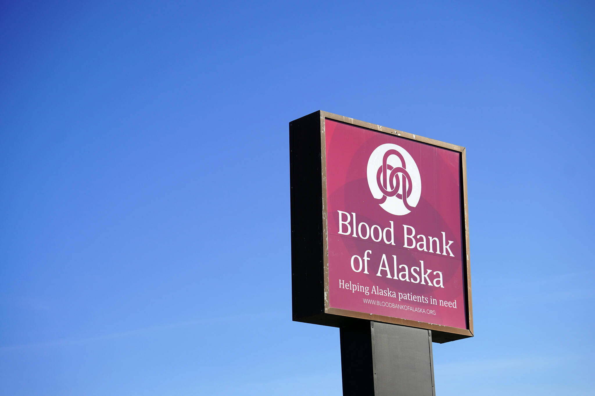 A sign for the Blood Bank of Alaska’s new Kenai Peninsula center is seen in Soldotna, Alaska, on Monday, June 17, 2024. (Jake Dye/Peninsula Clarion)