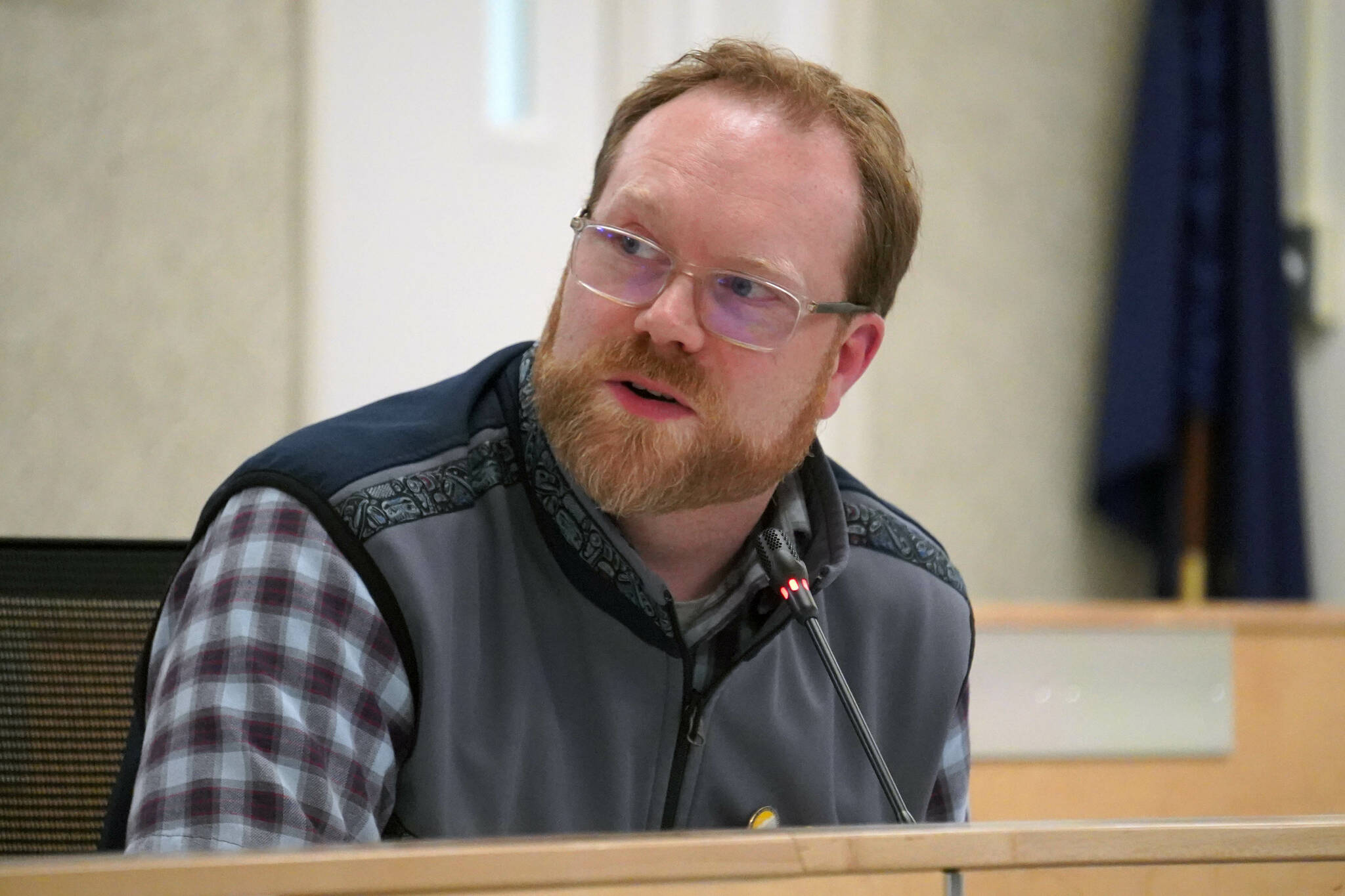 Andy Mills, special assistant to the commissioner of the Alaska Department of Transportation, speaks during a town hall meeting on the use of brine on Kenai Peninsula roads, in the Kenai Peninsula Borough Assembly chambers in Soldotna, Alaska, on Monday, June 17, 2024. (Jake Dye/Peninsula Clarion)