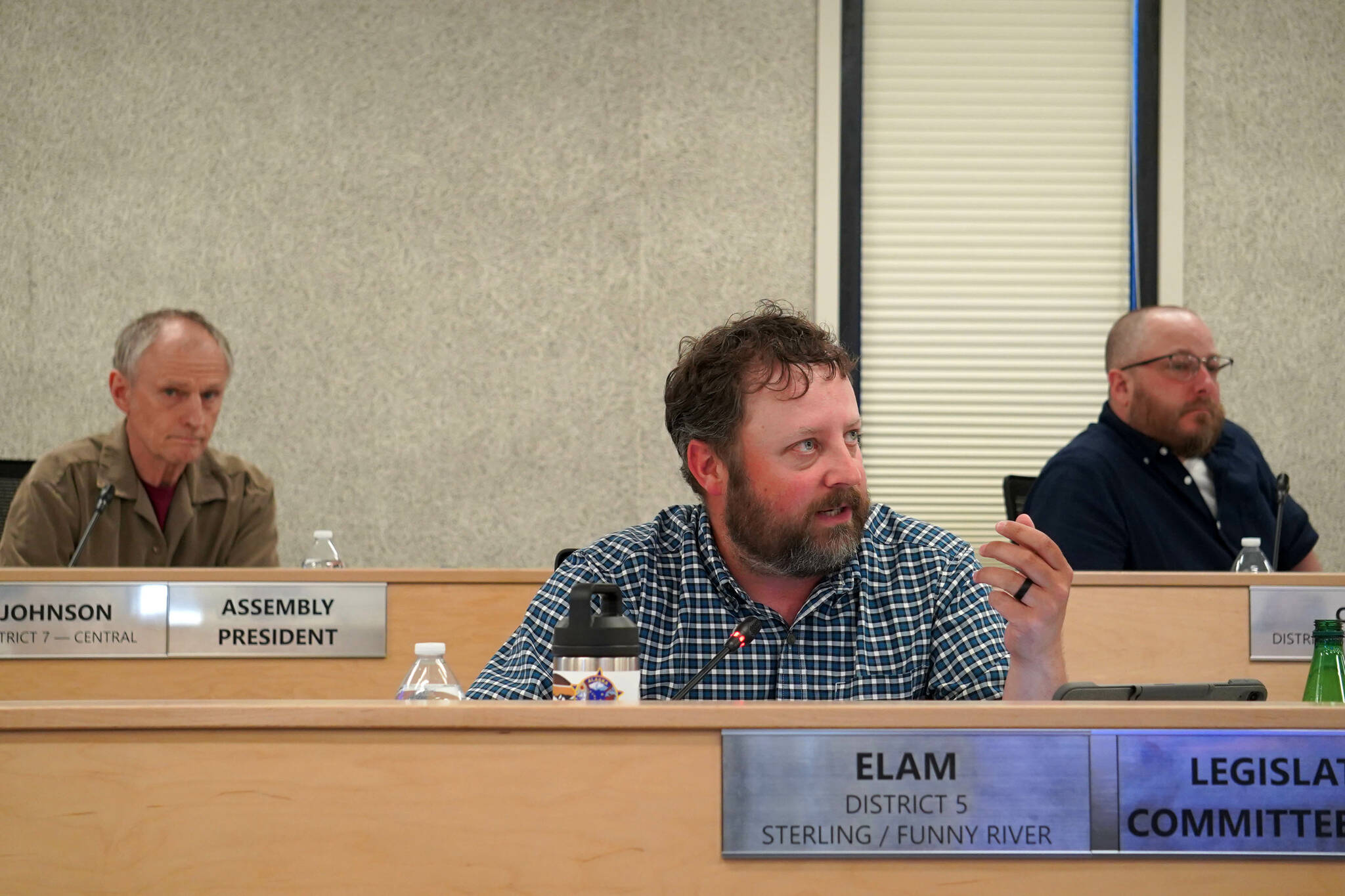 Assembly President Brent Johnson, Member Bill Elam and Vice President Tyson Cox appear during a meeting of the Kenai Peninsula Borough Assembly in Soldotna, Alaska, on Tuesday, June 18, 2024. (Jake Dye/Peninsula Clarion)