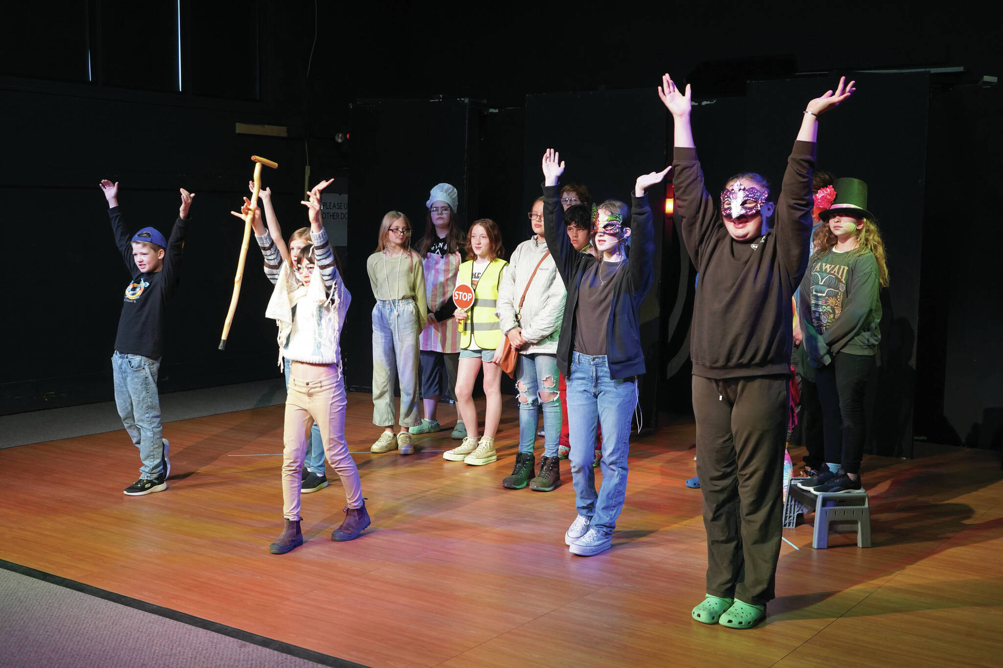 Jake Dye/Peninsula Clarion
Young actors rehearse their production during a drama camp put on by the Kenai Performers in their theater near Soldotna on Thursday.