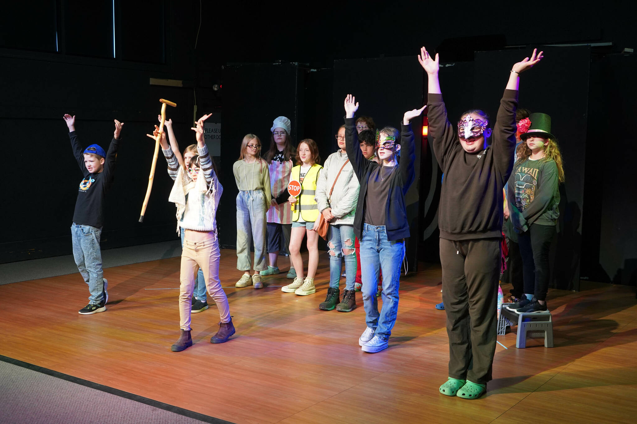 Young actors rehearse their production during a drama camp put on by the Kenai Performers in their theater near Soldotna, Alaska, on Thursday, June 20, 2024. (Jake Dye/Peninsula Clarion)