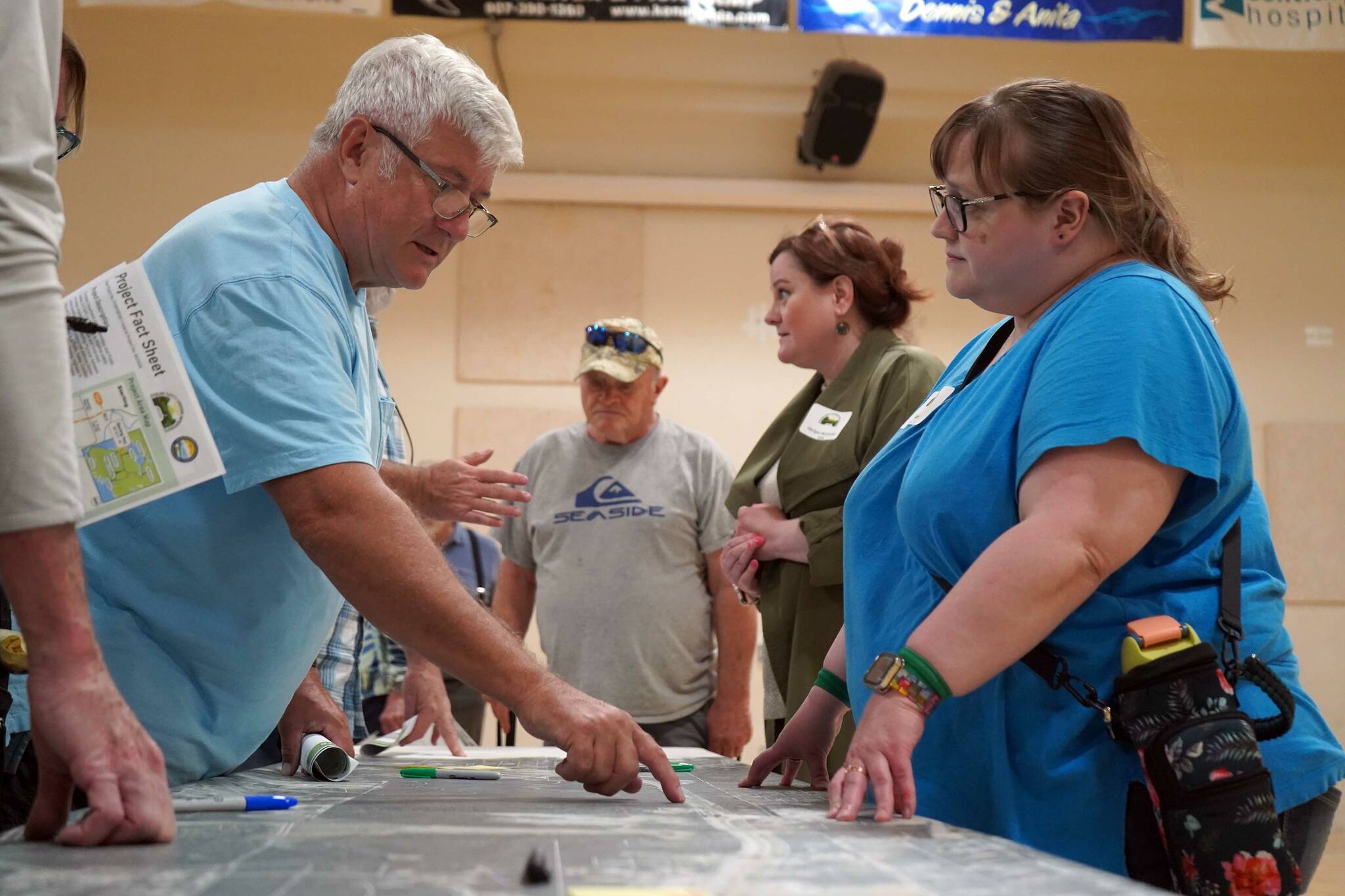 Julia Hanson, design manager for the Sterling Safety Corridor Improvements project, answers questions and takes feedback during a town hall event at the Sterling Community Center in Sterling, Alaska, on Tuesday, June 25, 2024. (Jake Dye/Peninsula Clarion)