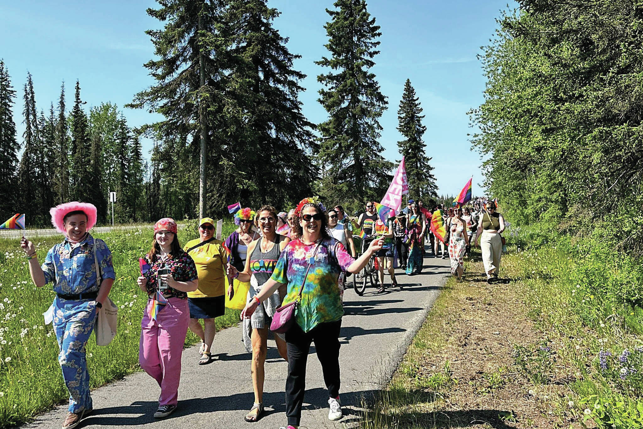 The Two-Spirit March, part of Soldotna Pride’s Pride in the Park, proceeds along Kalifornsky Beach Road in Soldotna<ins>, Alaska,</ins> on Saturday, June 22<ins>, 2024</ins>. (Photo by Michele Vasquez, provided by Soldotna Pride)