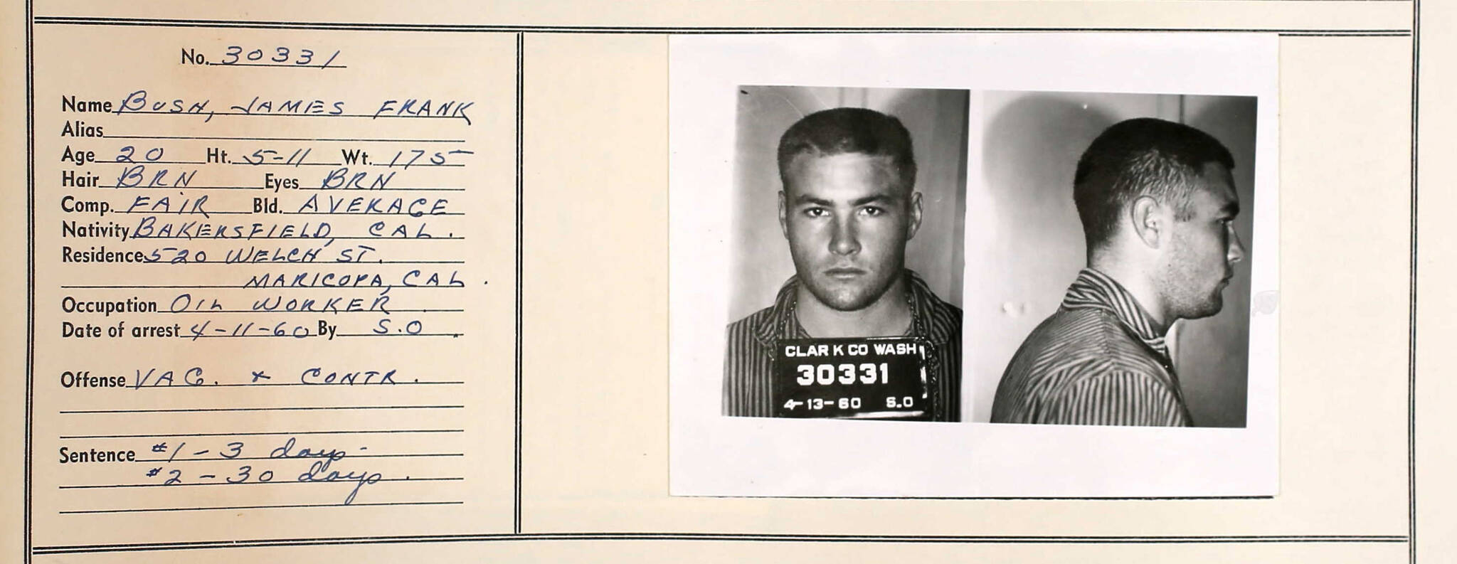 James Franklin Bush was arrested and jailed for vagrancy and contributing to the delinquency of minors in California in 1960, about a year before the murder in Soldotna of Jack Griffiths. (Public document from ancestry.com)