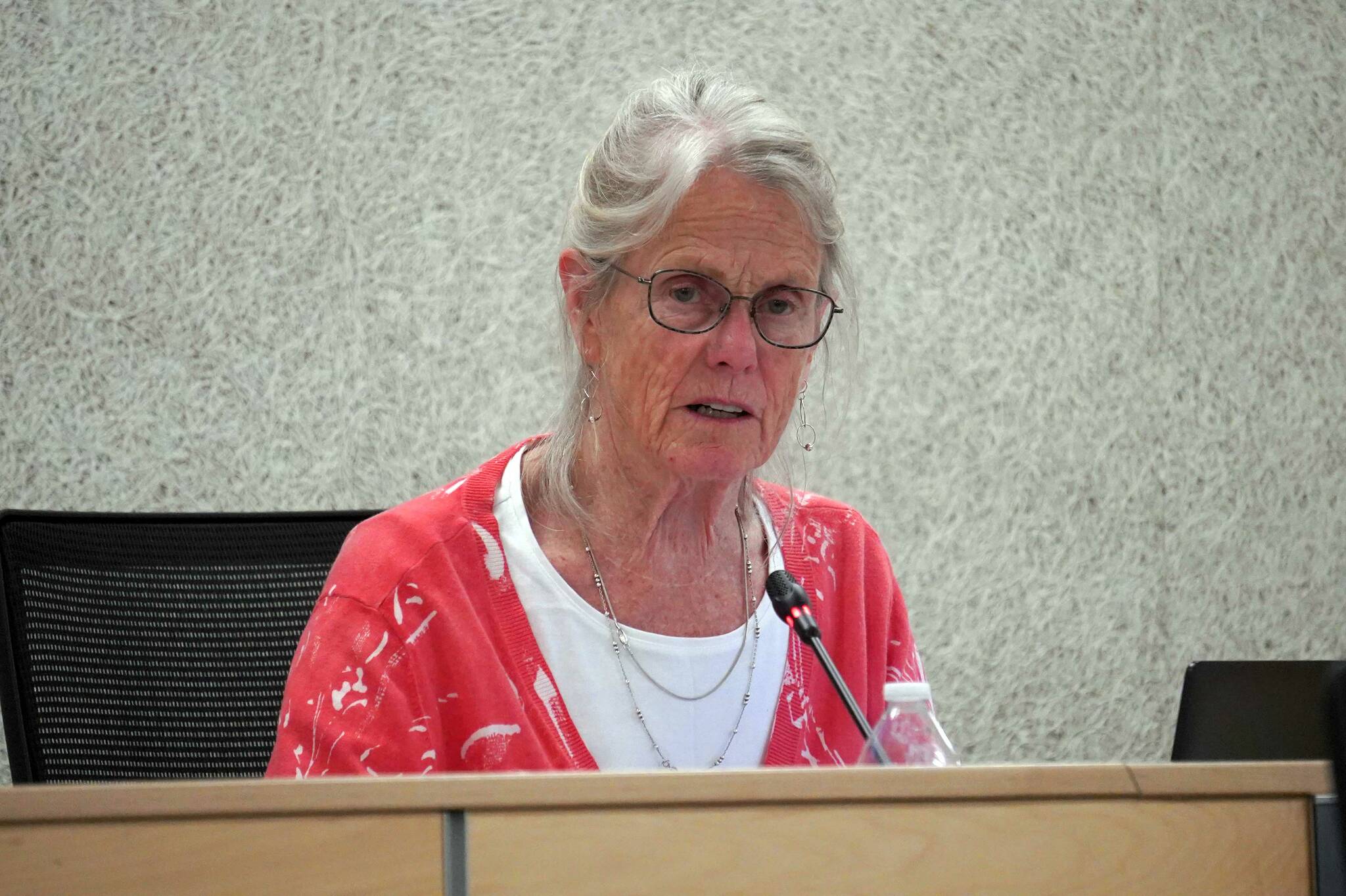 Penny Vadla speaks during a meeting of the Kenai Peninsula Borough School District’s Board of Education in Soldotna, Alaska, on Monday, July 1, 2024. (Jake Dye/Peninsula Clarion)