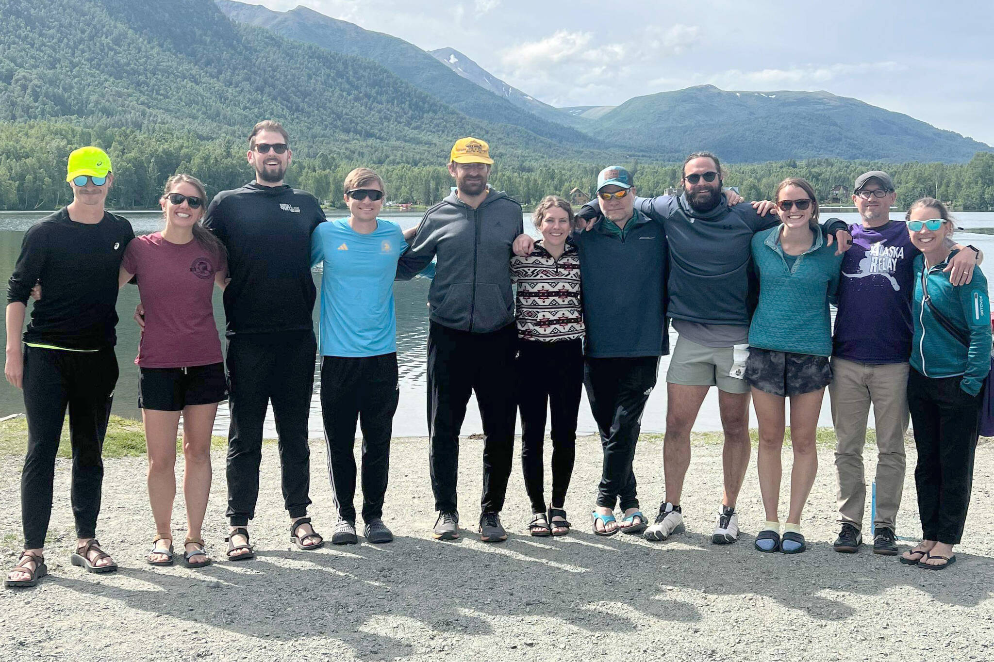 Team Navigationally Challenged won the Alaska Relay on Friday and Saturday, June 28 and 29, 2024. The relays goes from Anchorage to Seward. Left to right, Jacob Marshall, Sarah Huot, Zach Huot, Daniel Serventi, Rustin Hitchcock, Becca Hitchcock, Sean Goff, Patrick Metzger, Anna Metzger, Jake Hill and Kristin Davis. Lee Frey is not pictured. (Photo provided)
