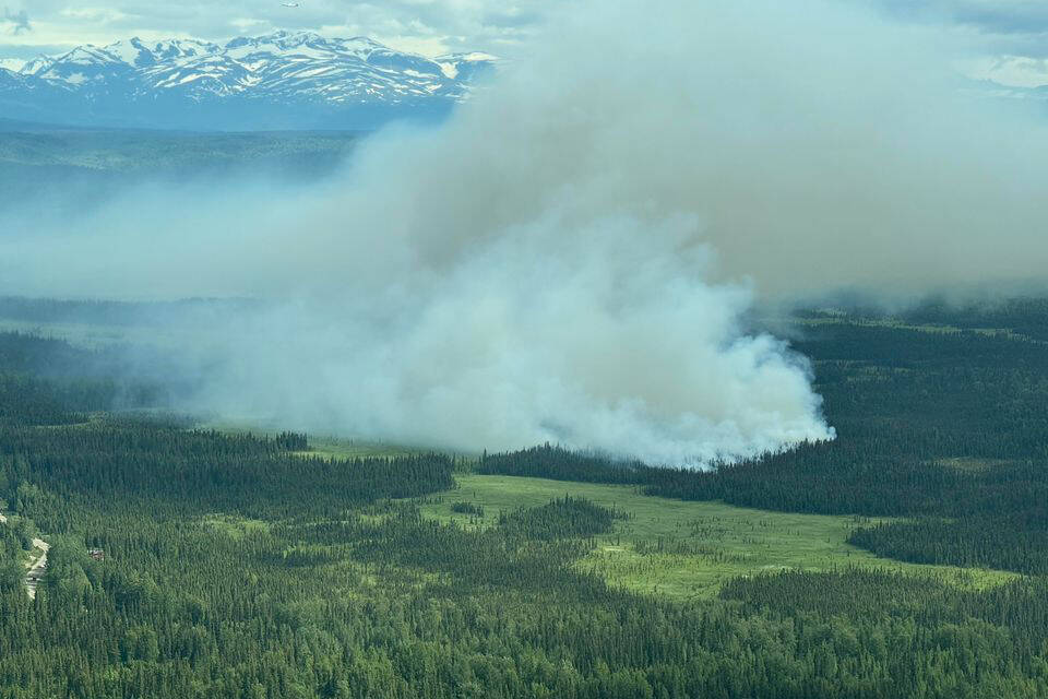 The Tustumena Lake fire, about 20 miles south of Soldotna, can be seen from above in July 2024 on the Kenai Peninsula, Alaska. (Photo courtesy Dale Eicher)