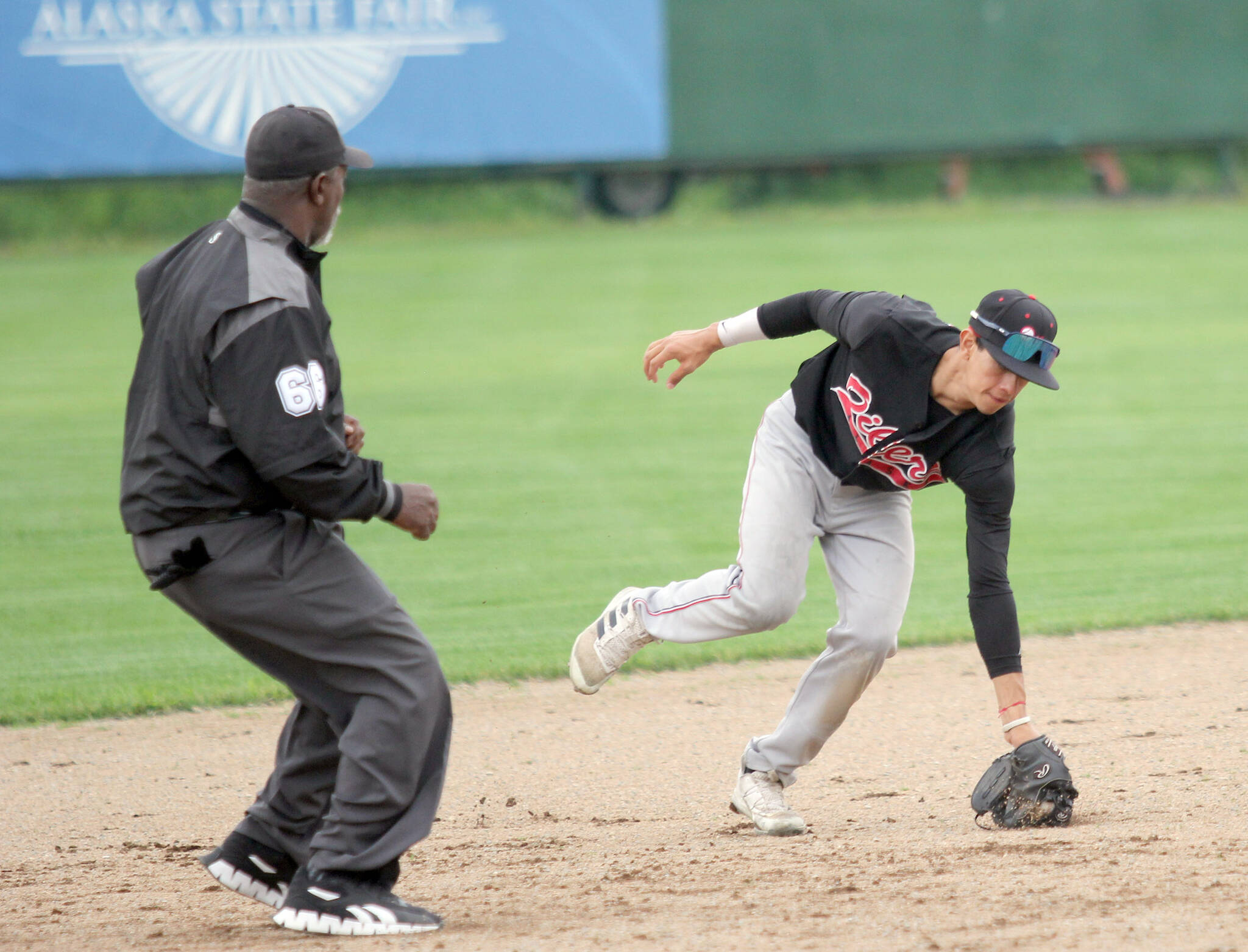 Peninsula Oilers infielder Petey Soto tries to make a play during a 2-1 loss to the Mat-Su Miners on Sunday, July 7, 2024, at Hermon Brothers Field in Palmer, Alaska. (Photo by Jeremiah Bartz/Frontiersman)