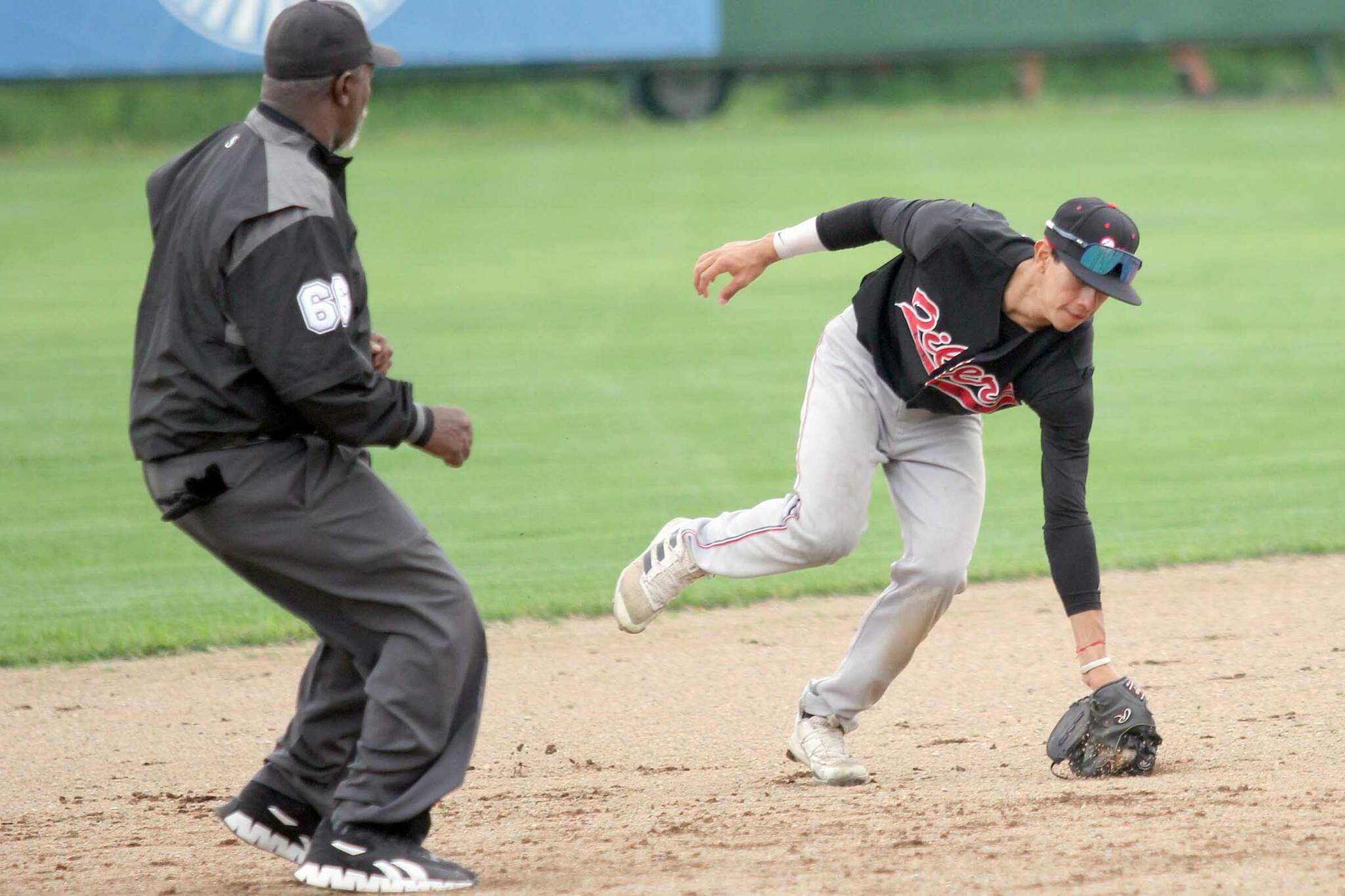 Peninsula Oilers infielder Petey Soto tries to make a play during a 2-1 loss to the Mat-Su Miners on Sunday, July 7, 2024, at Hermon Brothers Field in Palmer, Alaska. (Photo by Jeremiah Bartz/Frontiersman)