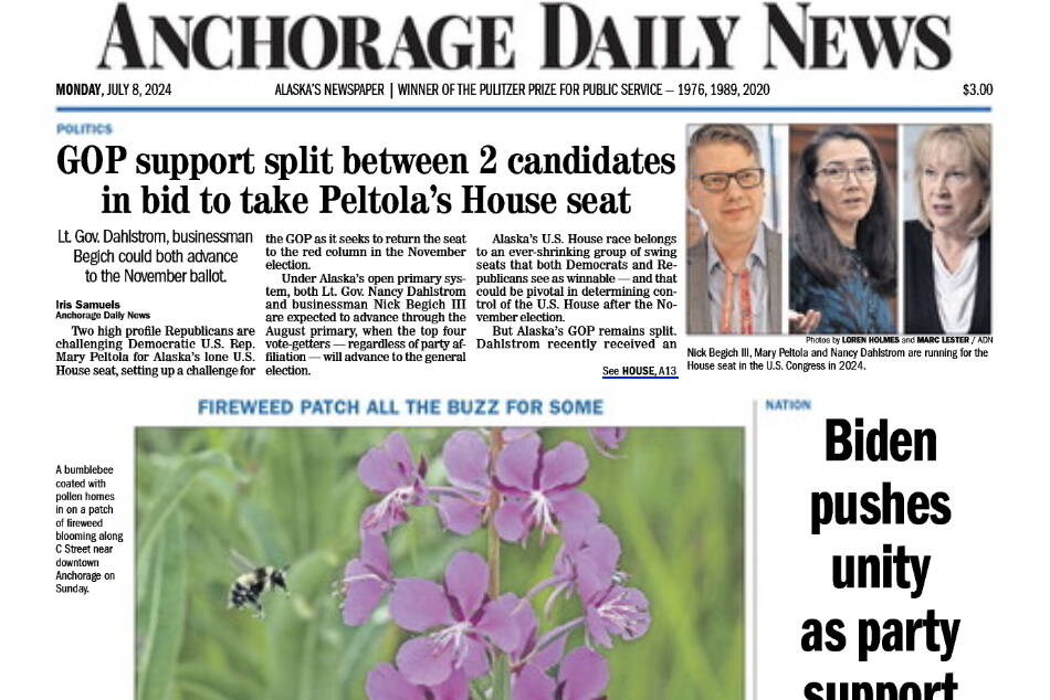 A screenshot of the front page of e-edition of the Anchorage Daily News on Monday.