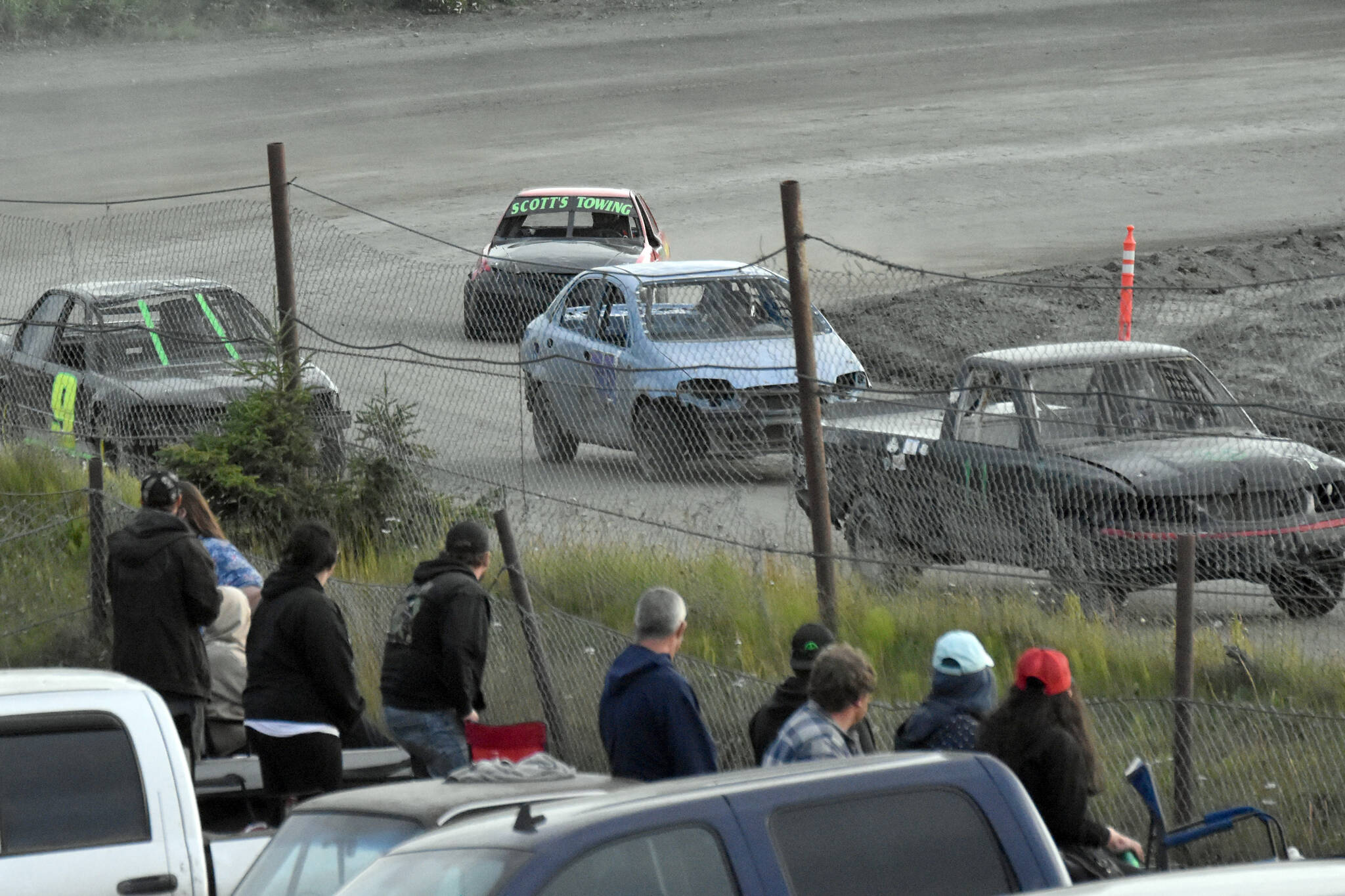 Fans watch Mini Stock Heat 2 on Sunday, July 7, 2024, in the Skylar Thomas Lyon Memorial at Twin City Raceway in Kenai, Alaska. (Photo by Jeff Helminiak/Peninsula Clarion)