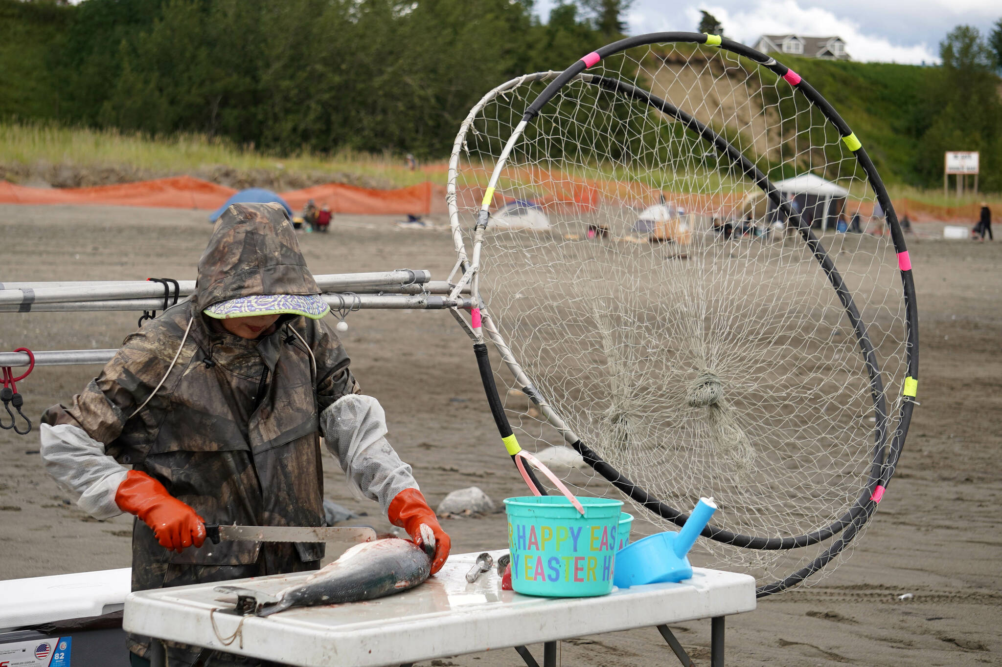 Gina Plank processes sockeye salmon caught on the first day of Kenai River dipnetting with her table set up on the bank of the Kenai River in Kenai, Alaska, on Wednesday, July 10, 2024. (Jake Dye/Peninsula Clarion)