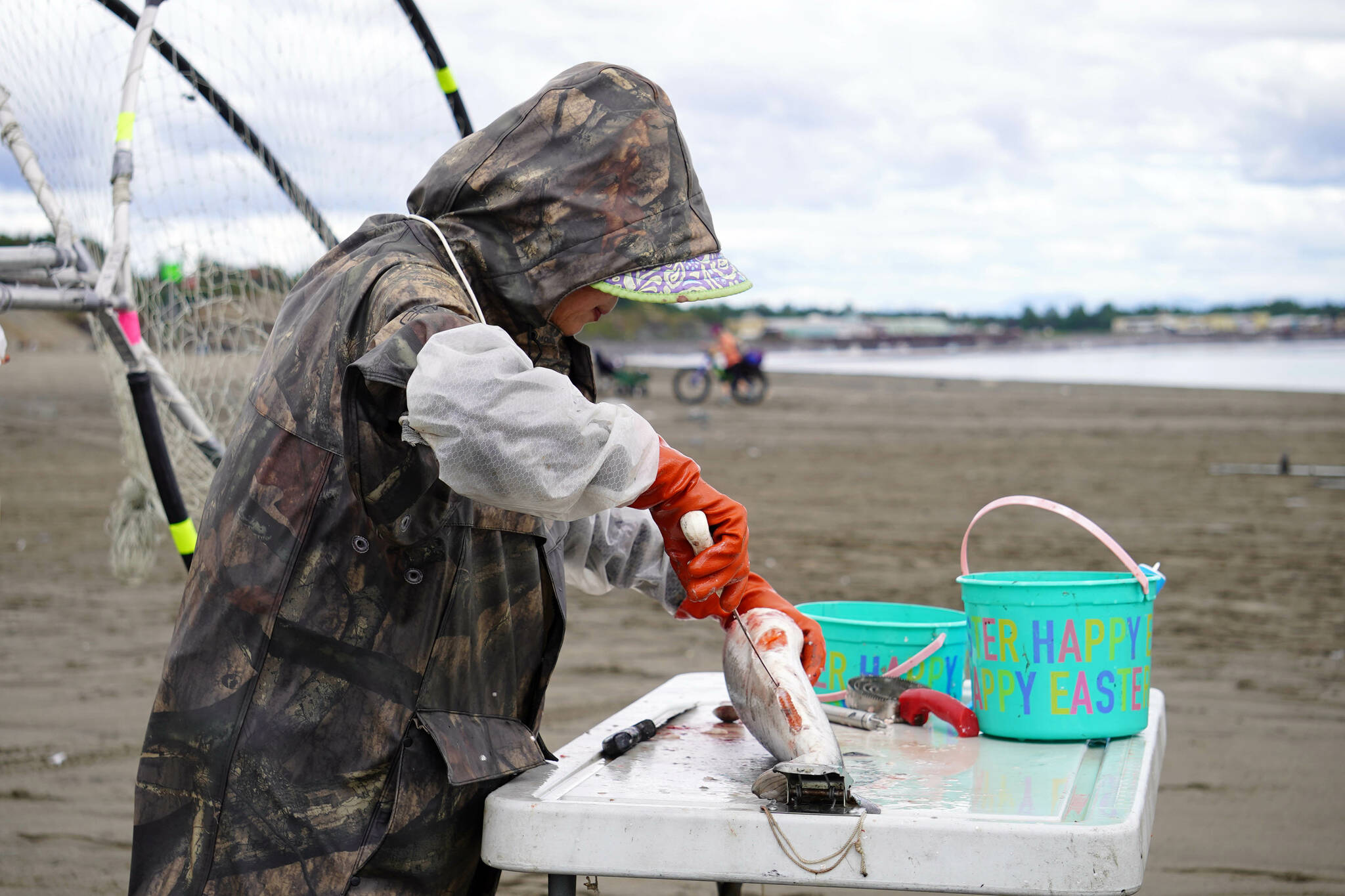 Gina Plank processes sockeye salmon caught on the first day of Kenai River dipnetting with her table set up on the bank of the Kenai River in Kenai, Alaska, on Wednesday, July 10, 2024. (Jake Dye/Peninsula Clarion)