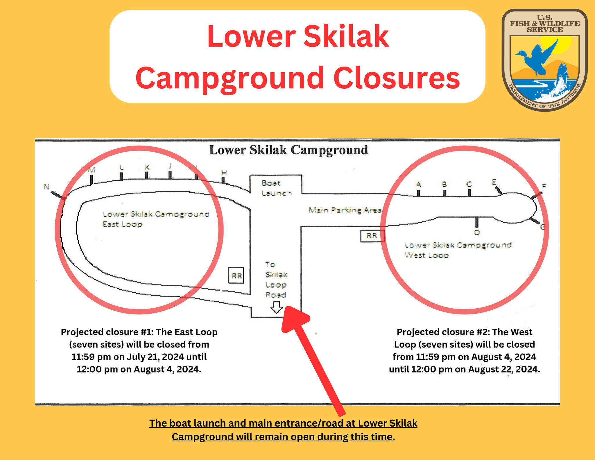 A map of Lower Skilak Campground shows the areas that will be closed in July and August 2024. (Graphic provided by U.S. Fish and Wildlife Service)