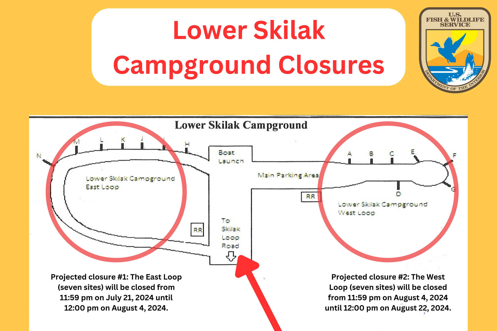 A map of Lower Skilak Campground shows the areas that will be closed in July and August 2024. (Graphic provided by U.S. Fish and Wildlife Service)