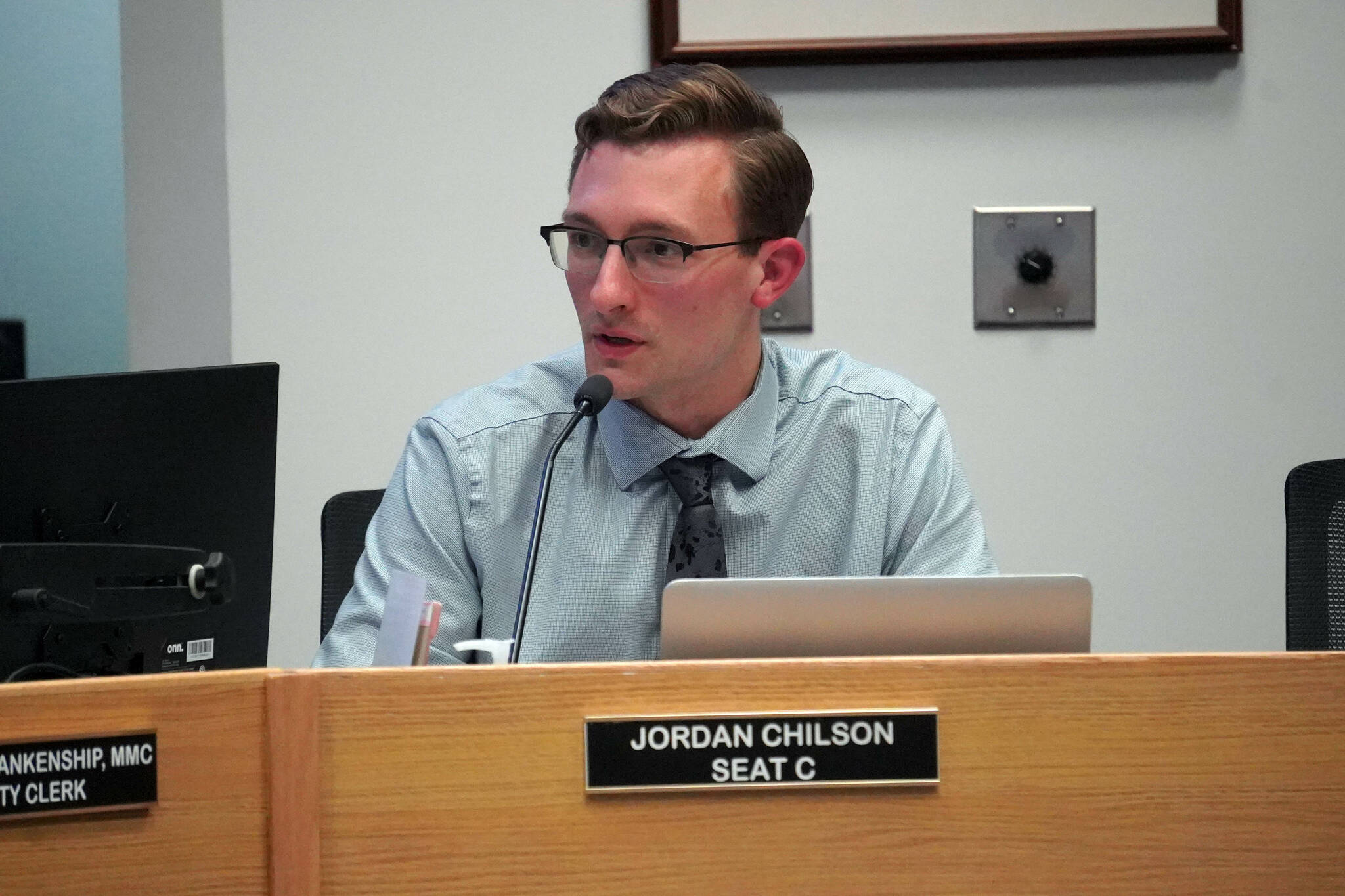 Member Jordan Chilson speaks in support of an ordinance that would establish a residential property tax exemption during a meeting of the Soldotna City Council in Soldotna, Alaska, on Wednesday, July 10, 2024. (Jake Dye/Peninsula Clarion)